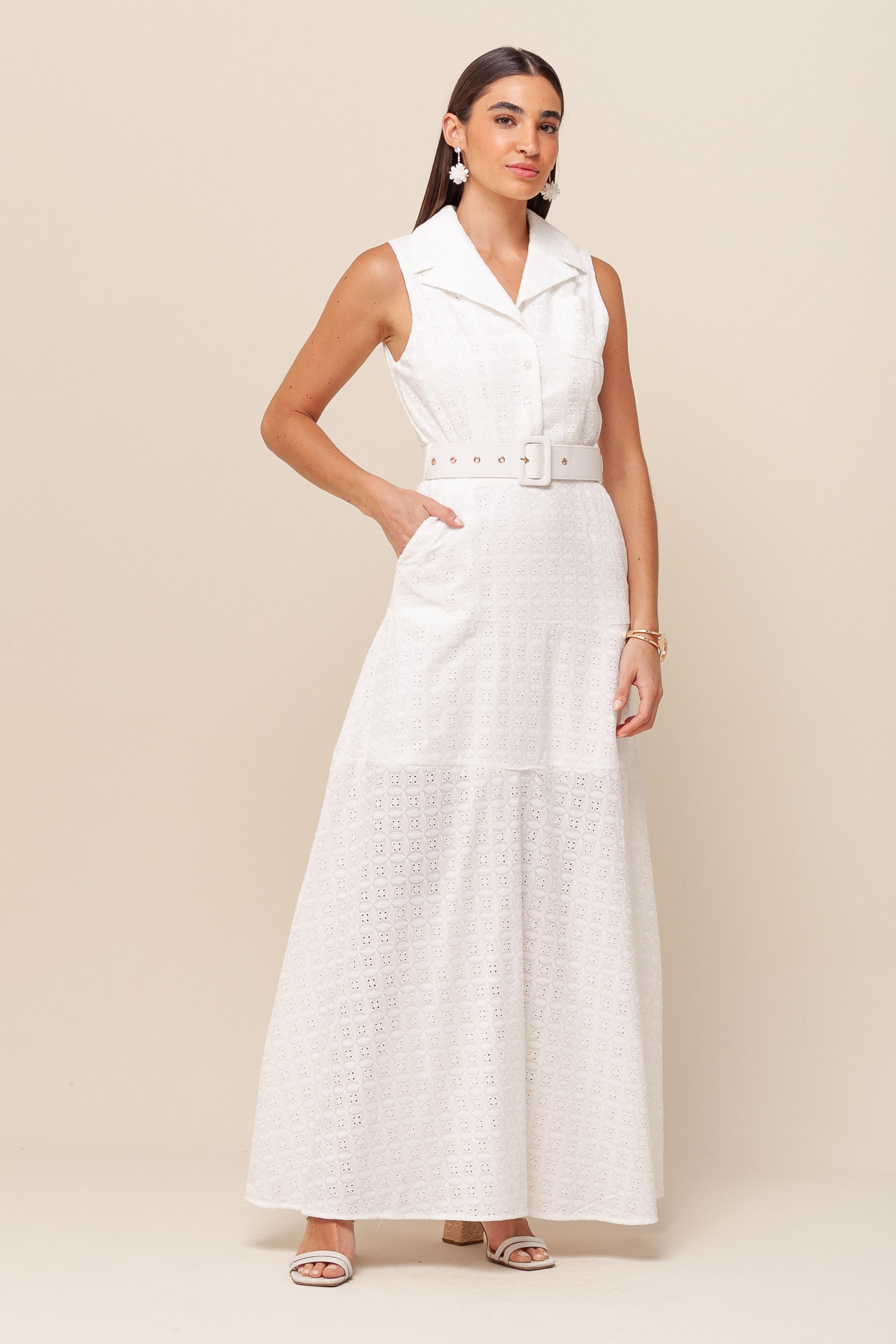 9035992 - Vestido Longo Laise com Cinto BRANCO