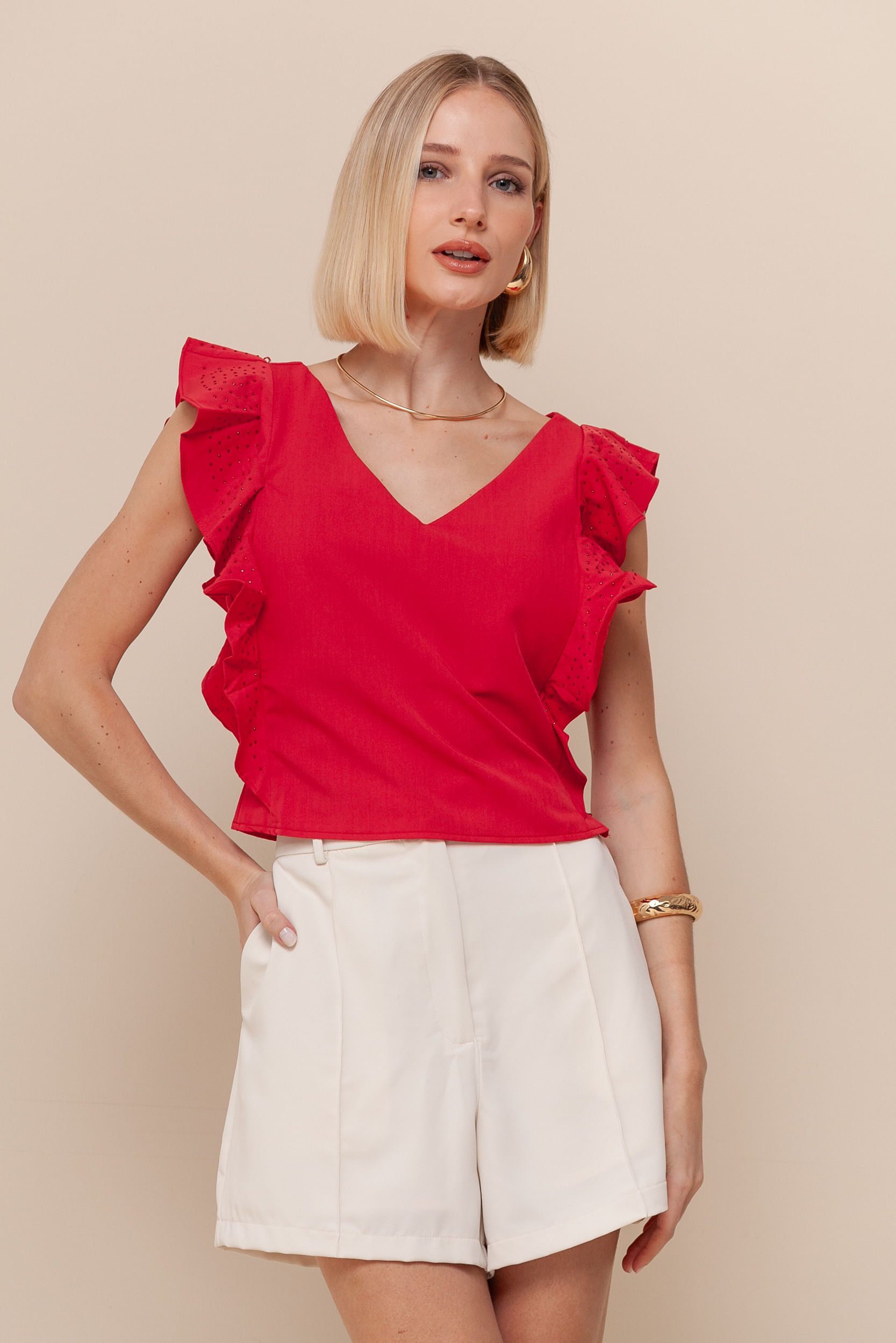 9035186 - Blusa Cropped Babados e Strass VERMELHO