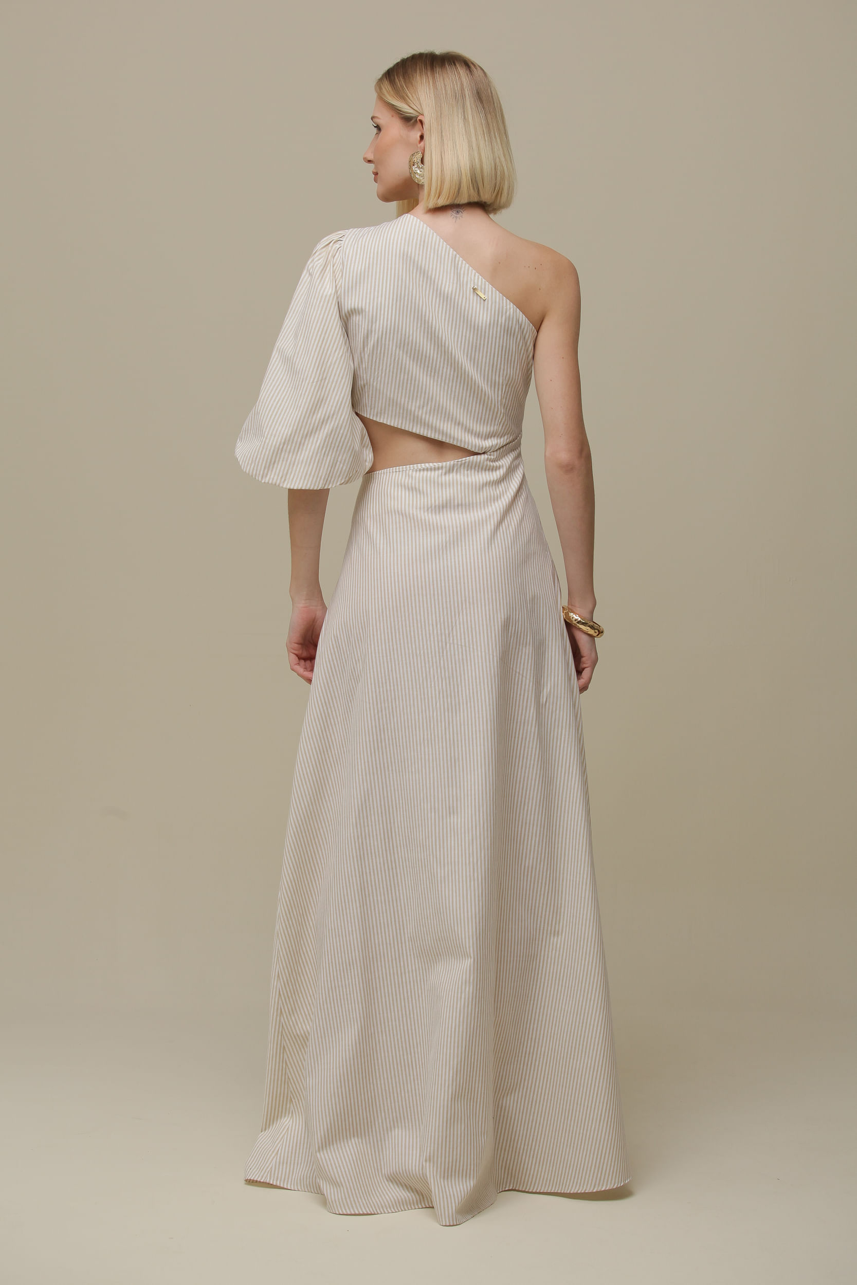 9036177 - Vestido Longo Uma Manga Assimétrico Listrado BEGE