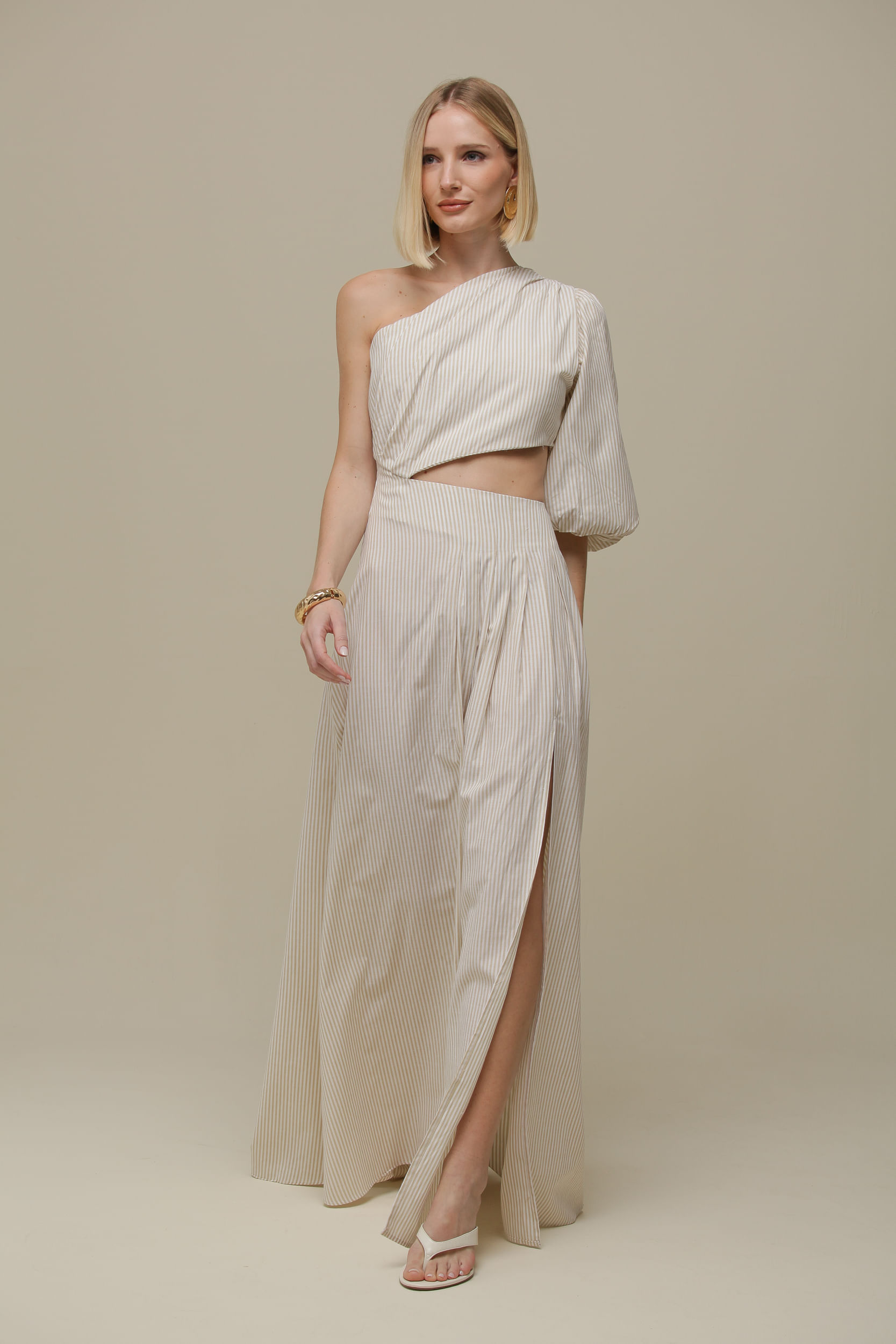 9036177 - Vestido Longo Uma Manga Assimétrico Listrado BEGE