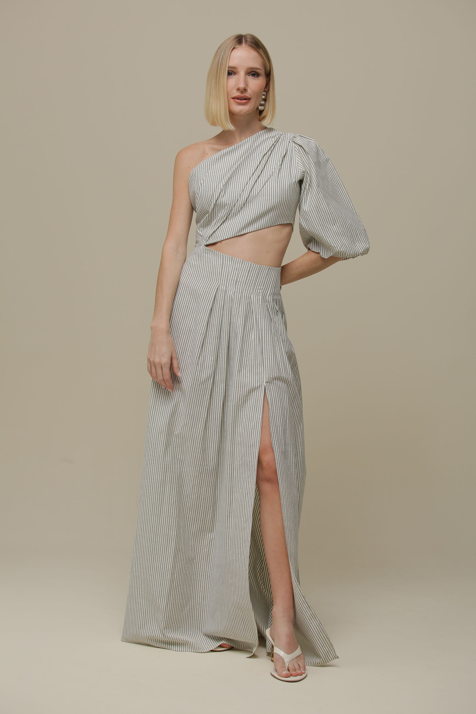 9036177 - Vestido Longo Uma Manga Assimétrico Listrado CINZA