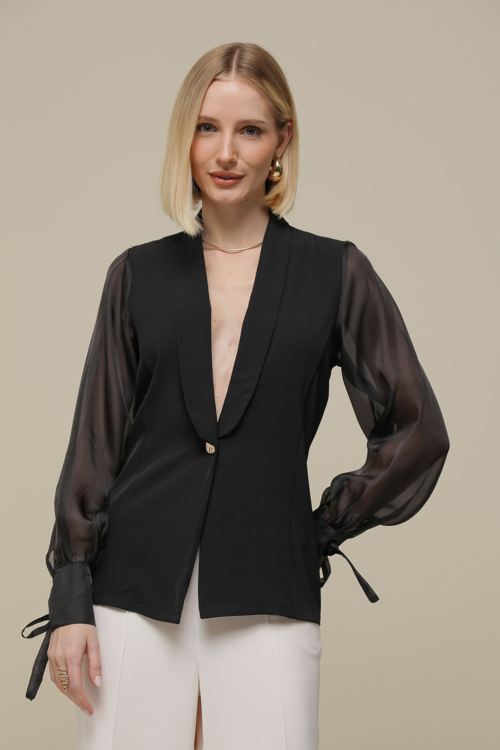 9036339 - Blazer Manga Tafetá  PRETO