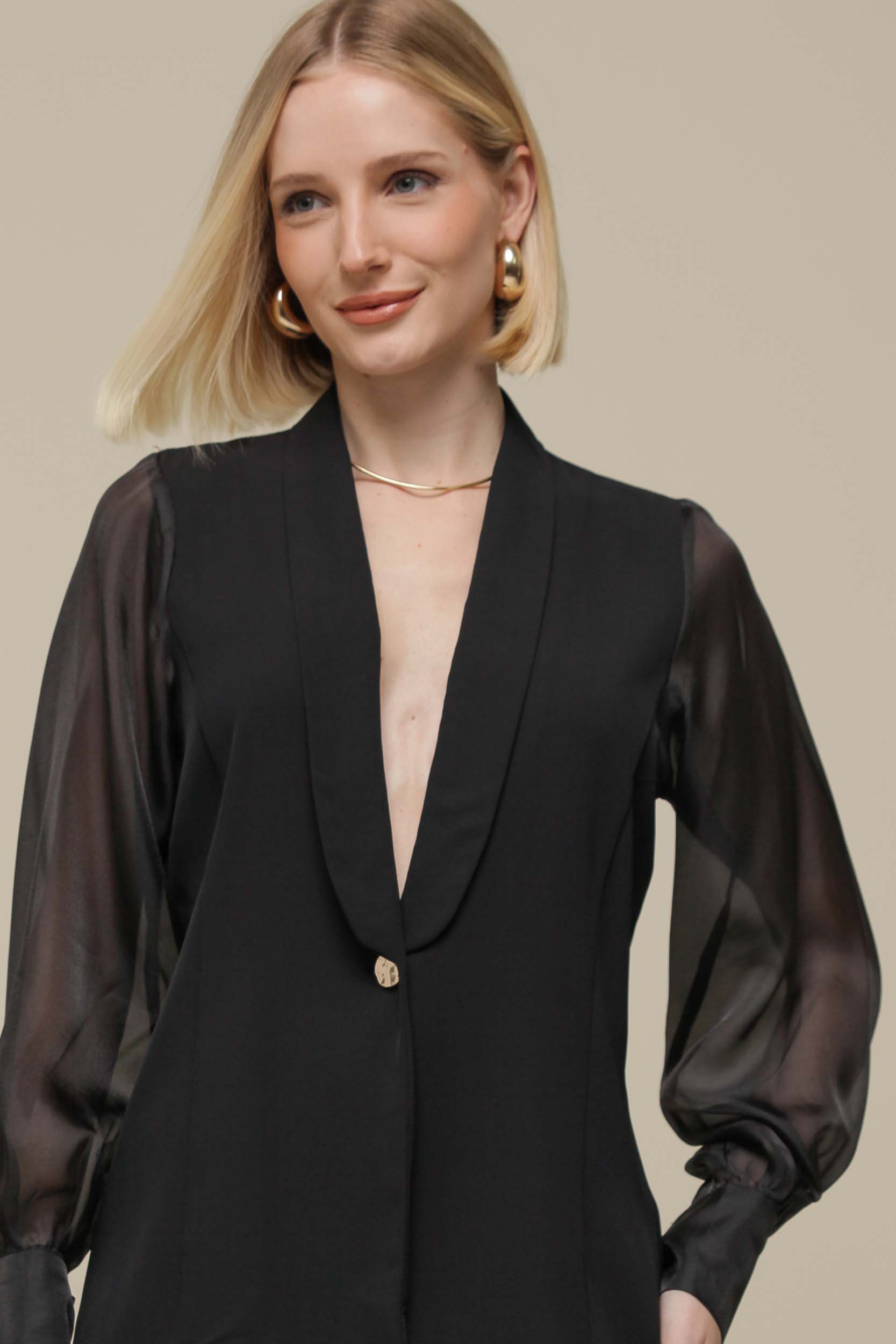 9036339 - Blazer Manga Tafetá  PRETO