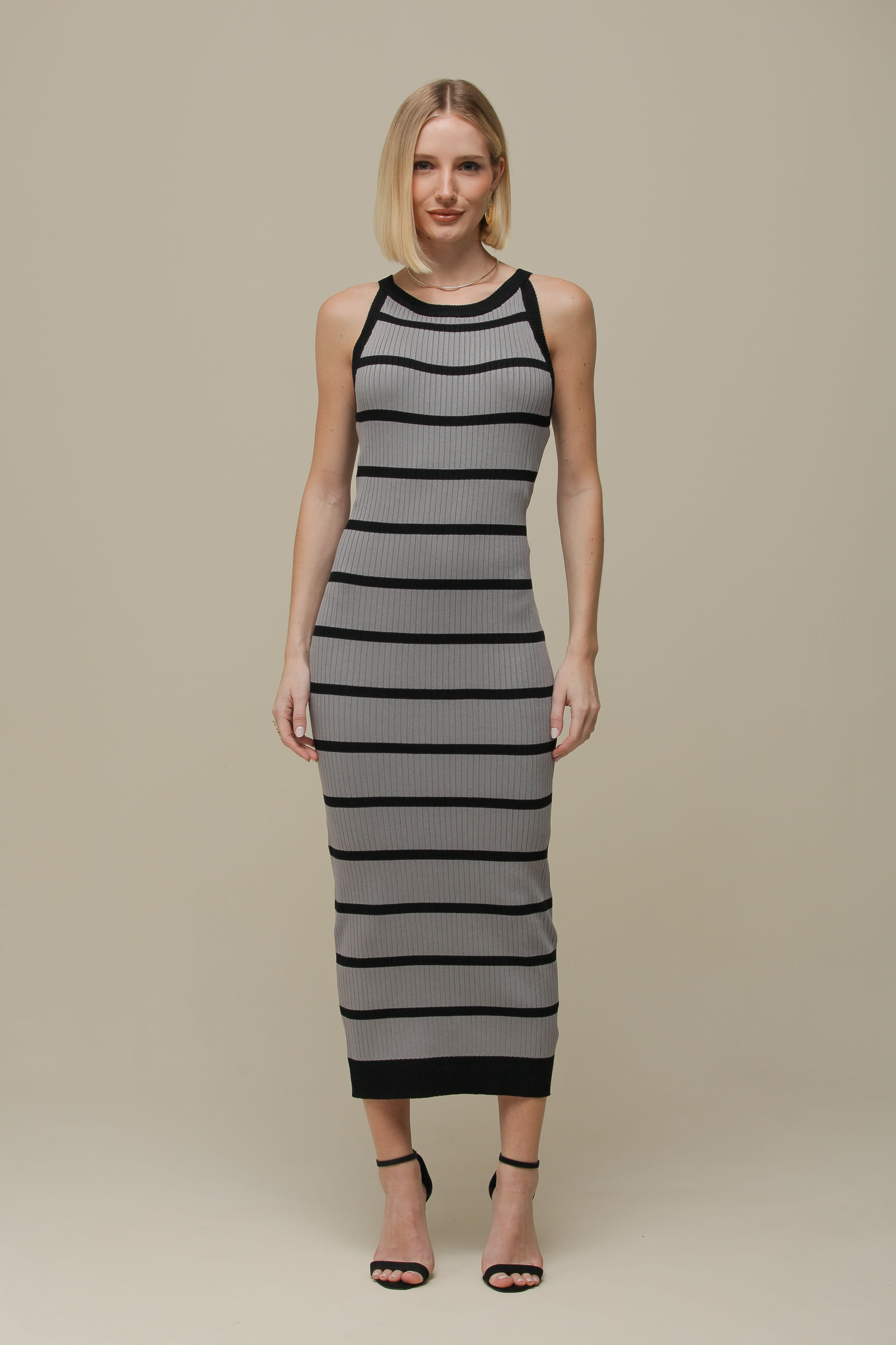 9036392 - Vestido Tricô Listrado Cava Americana  CINZA