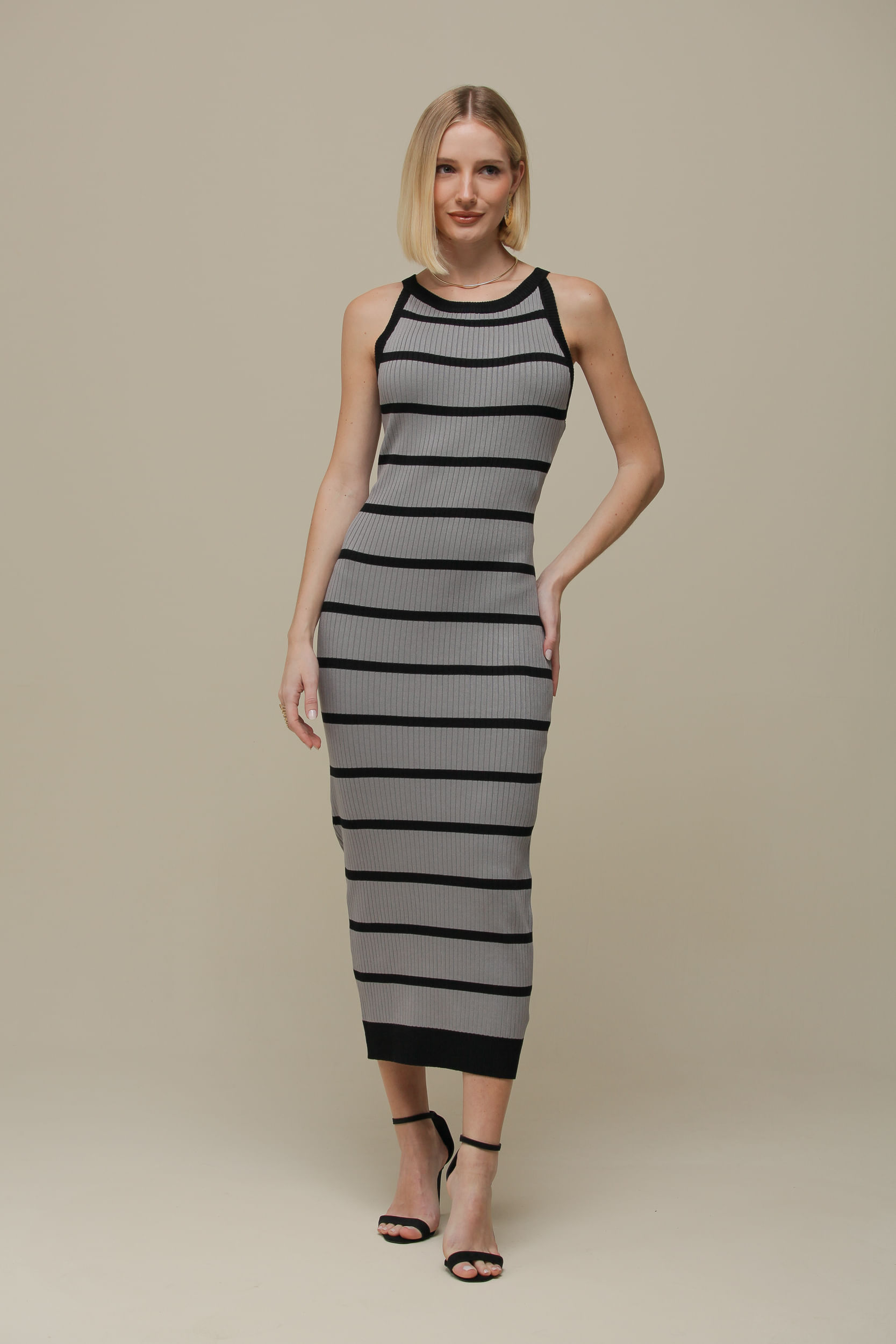 9036392 - Vestido Tricô Listrado Cava Americana  CINZA