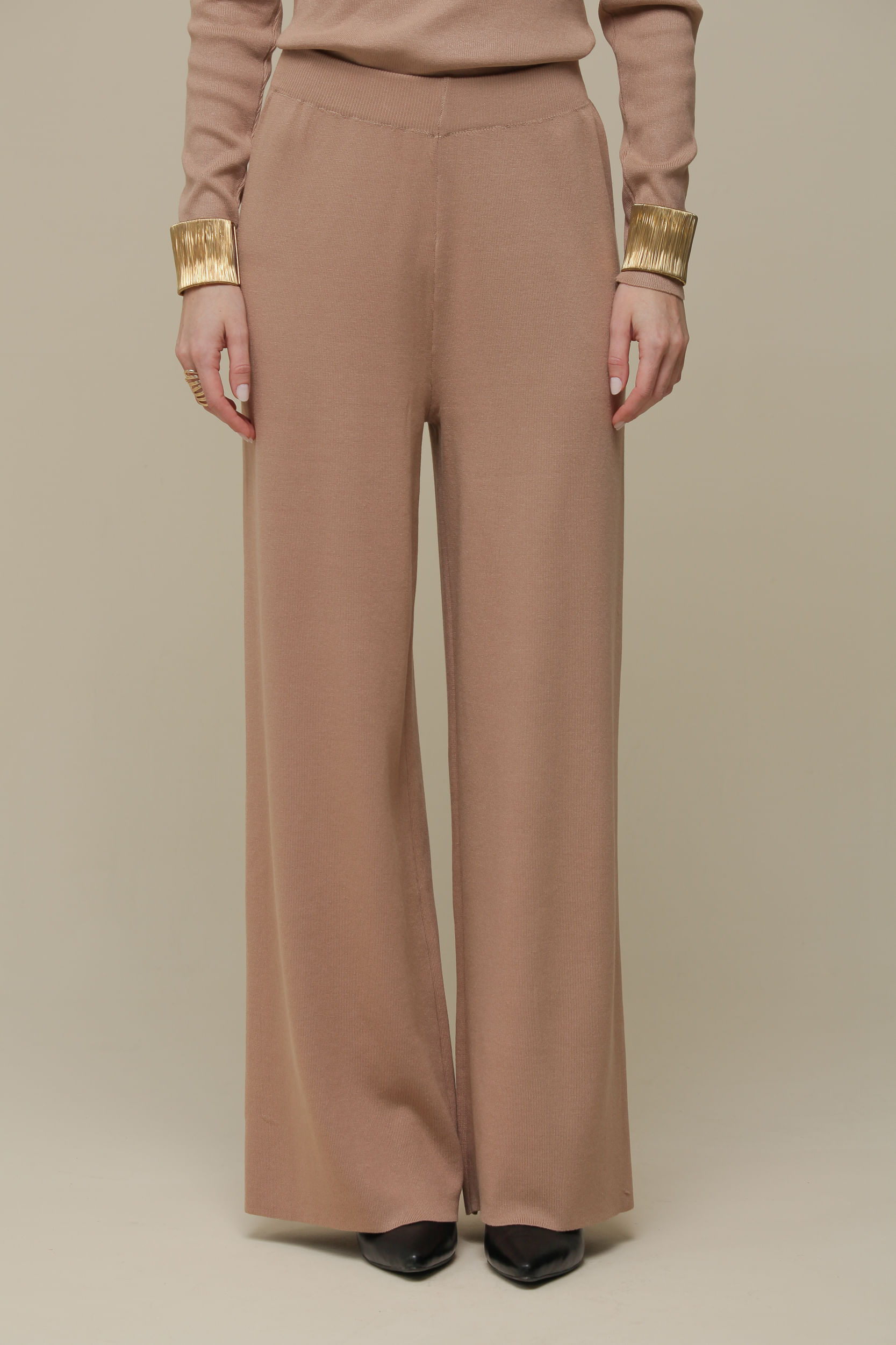 9036397 - Calça Tricô Pantalona  BEGE