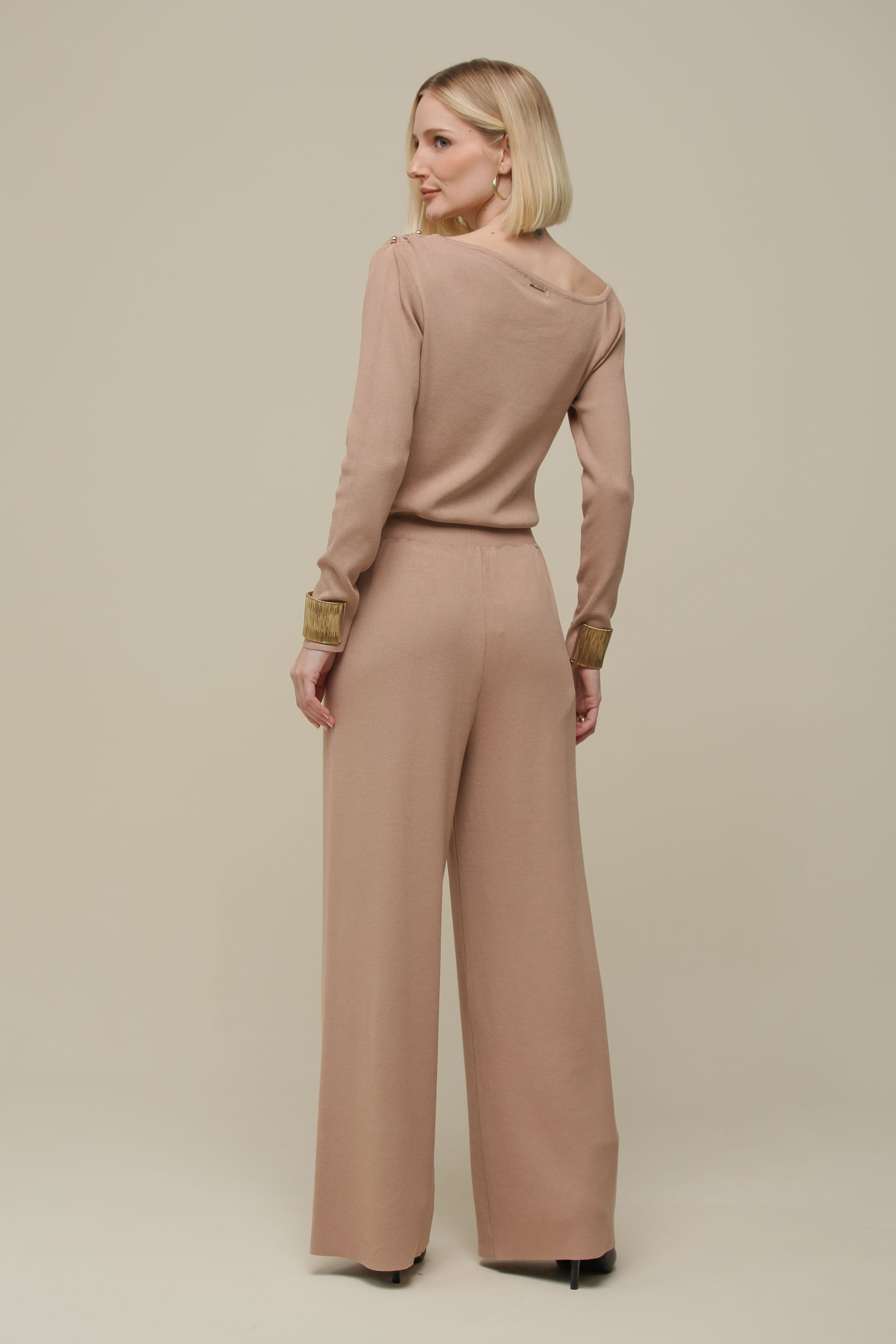 9036397 - Calça Tricô Pantalona  BEGE