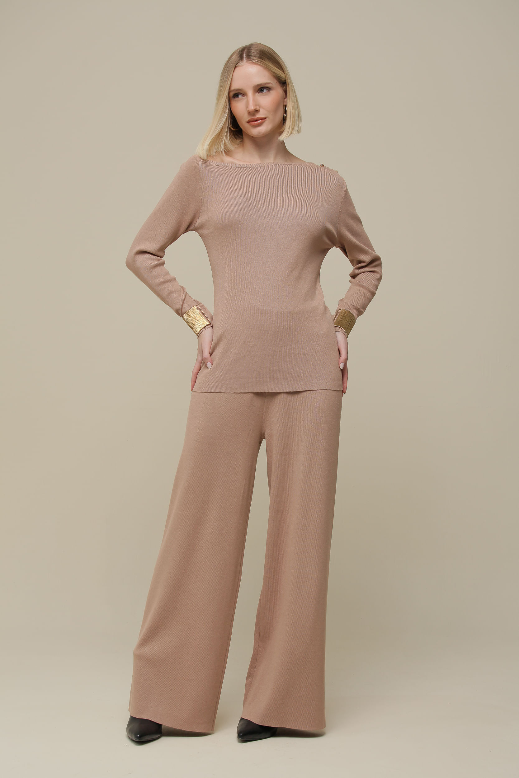 9036397 - Calça Tricô Pantalona  BEGE