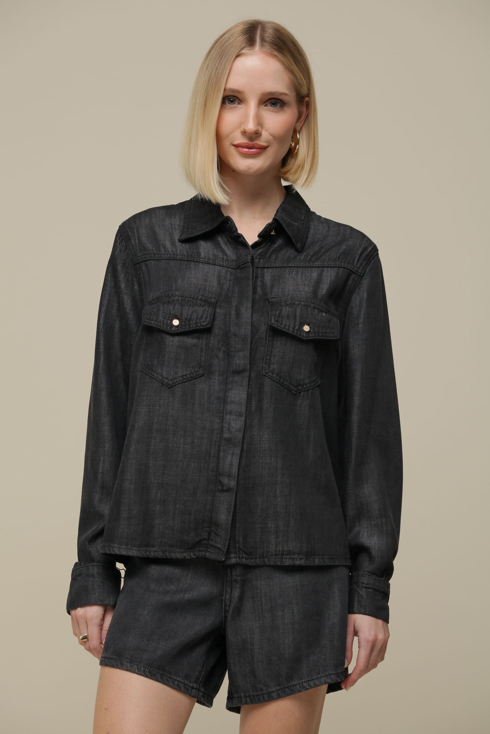 9036324 - Camisa Sarja Manga Longa  CINZA