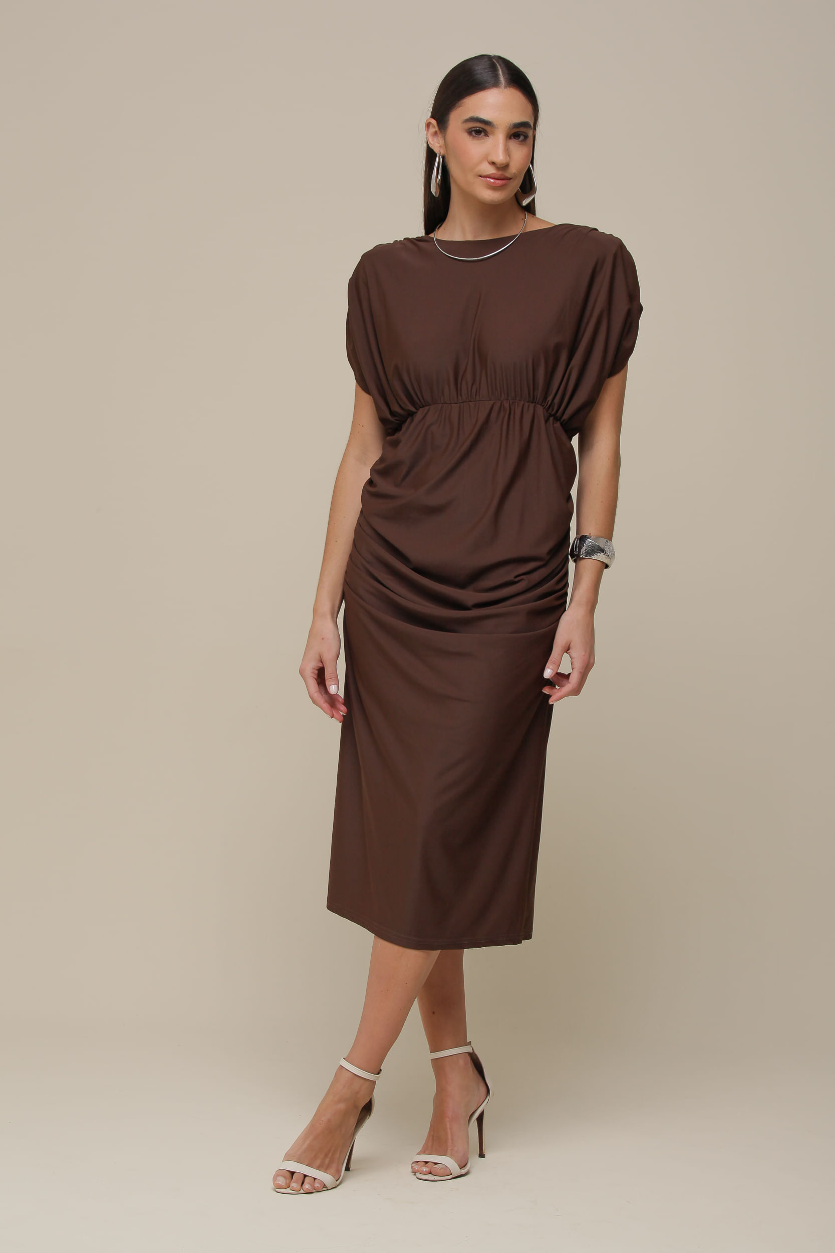 9036288 - Vestido Jersey Drapeado Decote Costas   MARROM