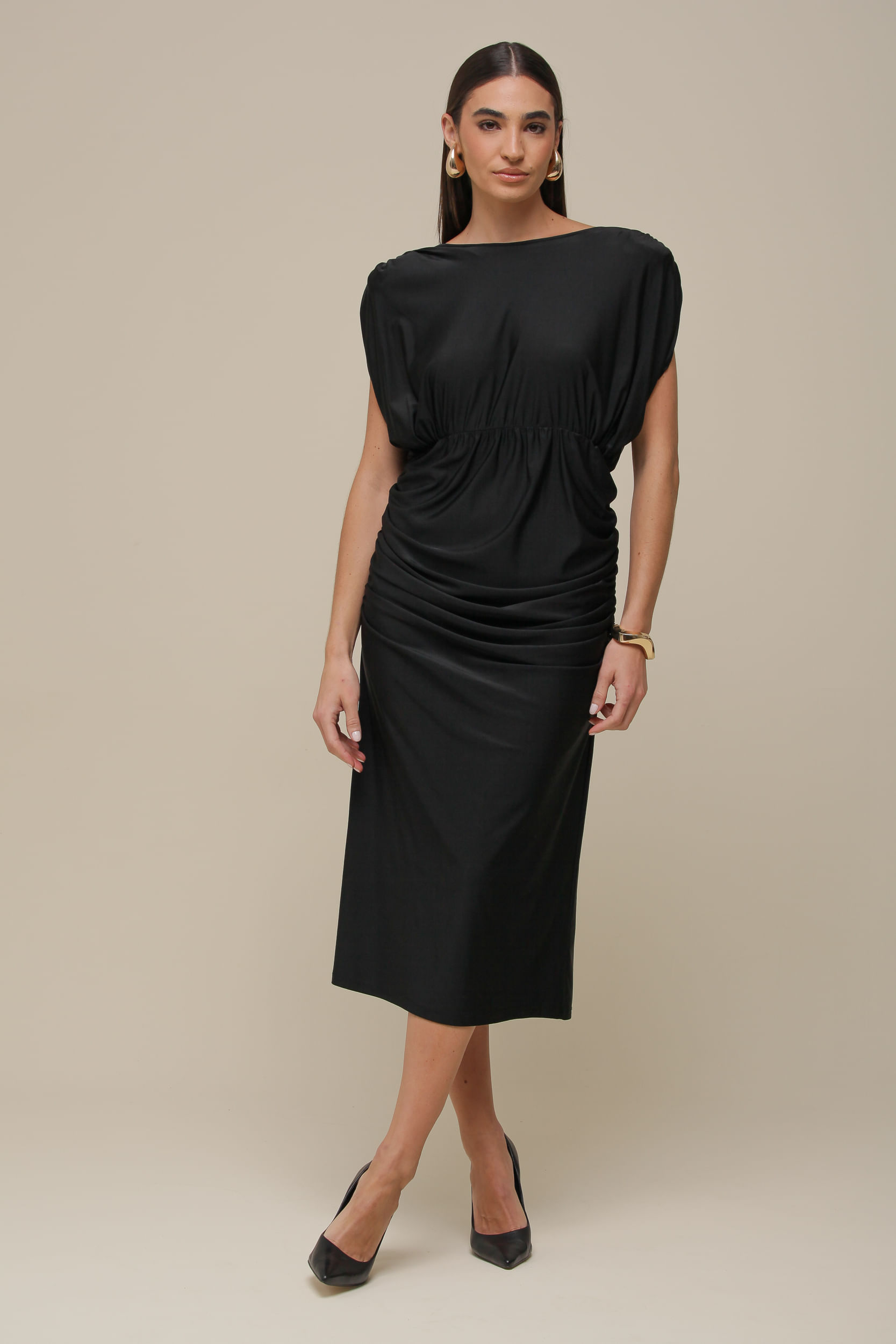 9036288 - Vestido Jersey Drapeado Decote Costas   PRETO