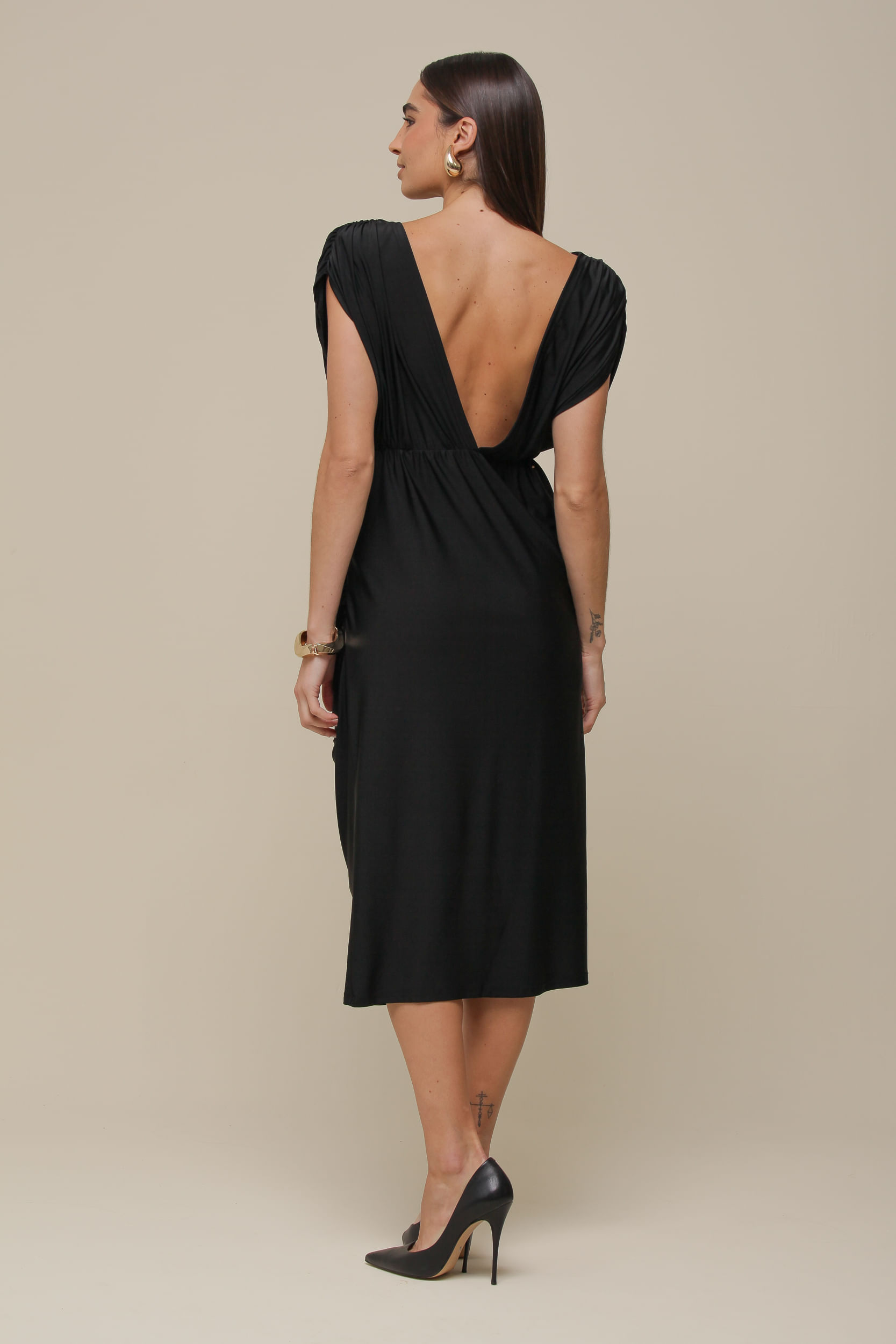 9036288 - Vestido Jersey Drapeado Decote Costas   PRETO