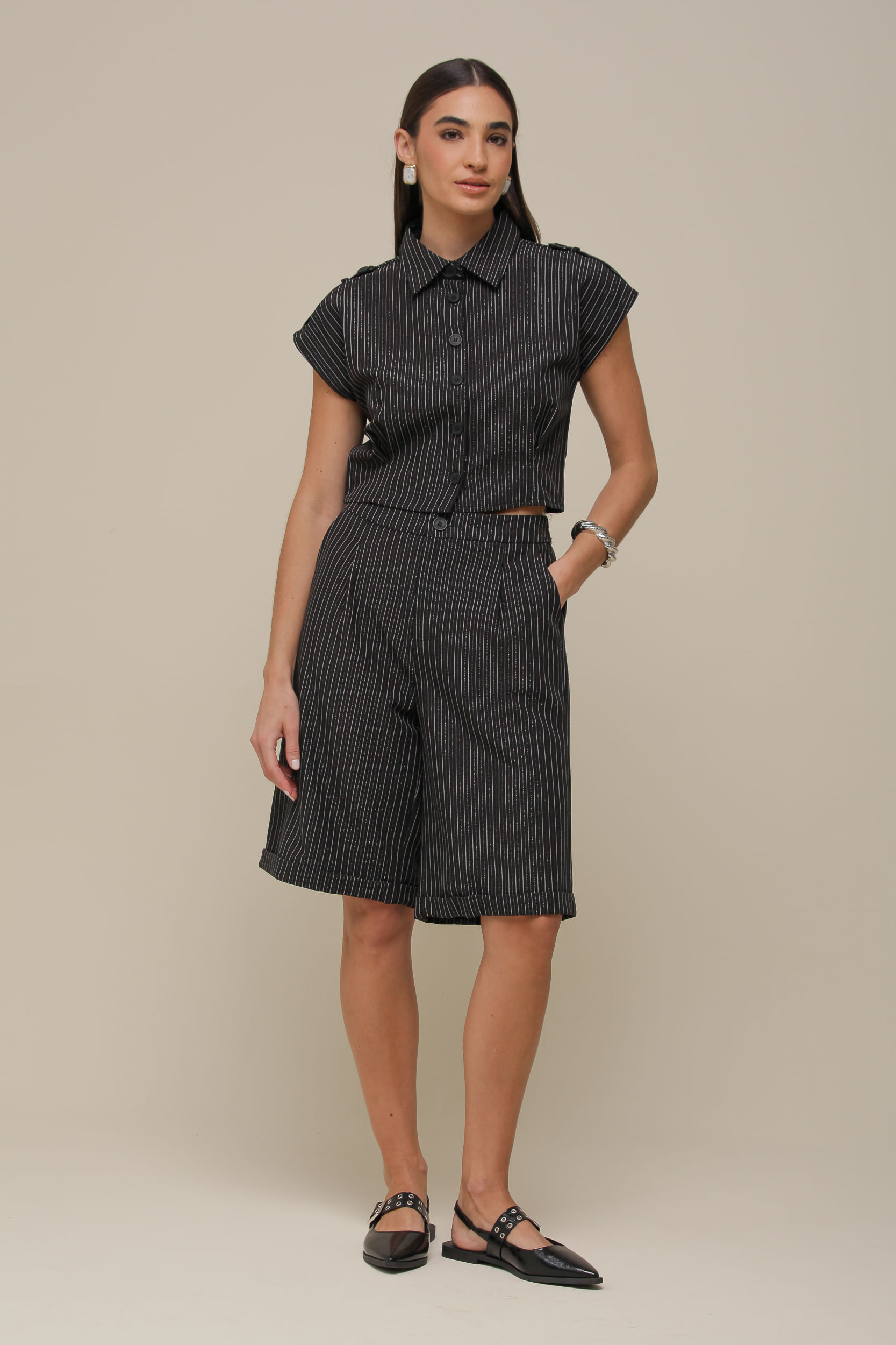 9036099 - Camisa Risca de Giz com Brilho PRETO 9036099 - Camisa Risca de Giz com Brilho PRETO