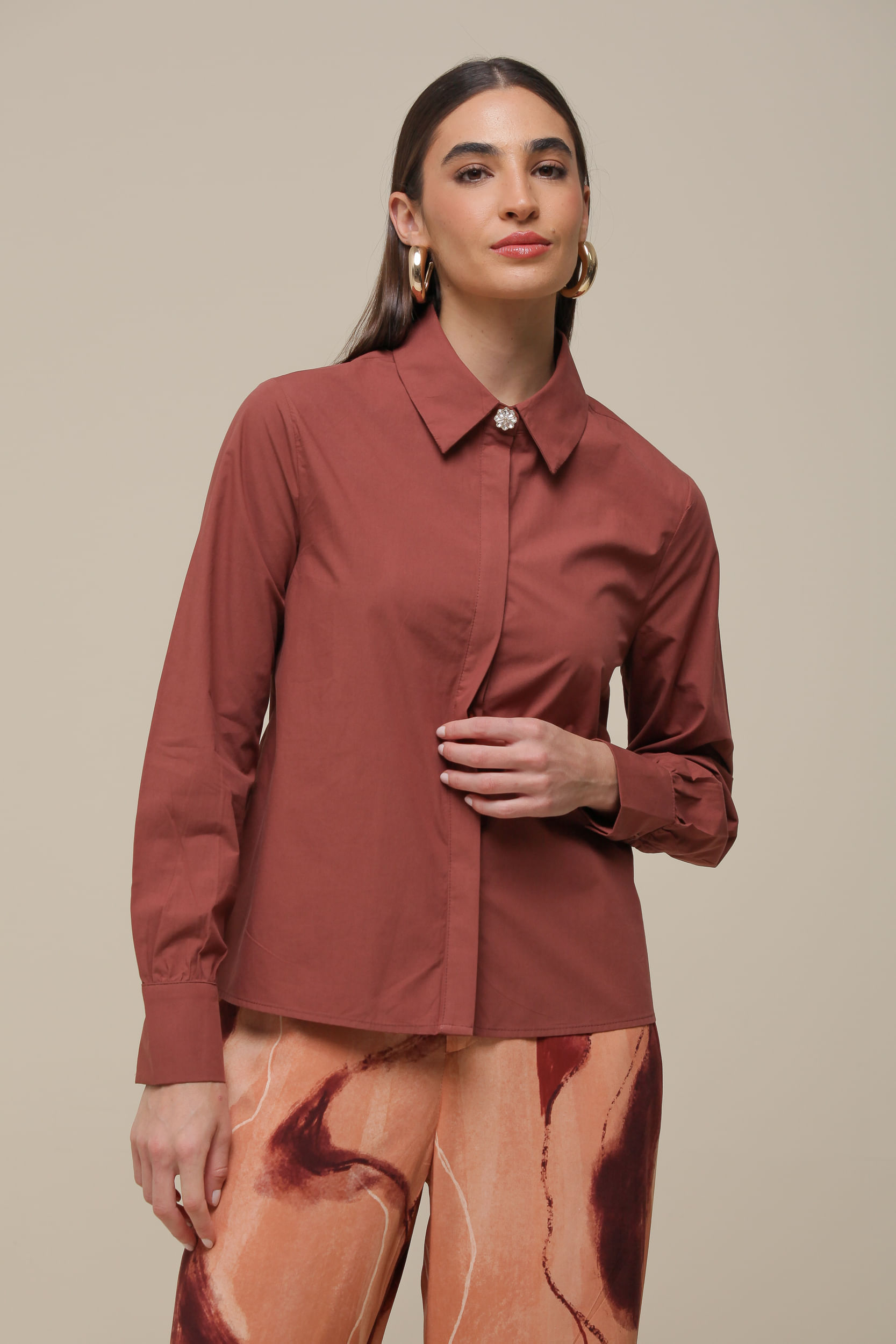9036498 - Camisa Tricoline Botões MARROM 9036498 - Camisa Tricoline Botões MARROM