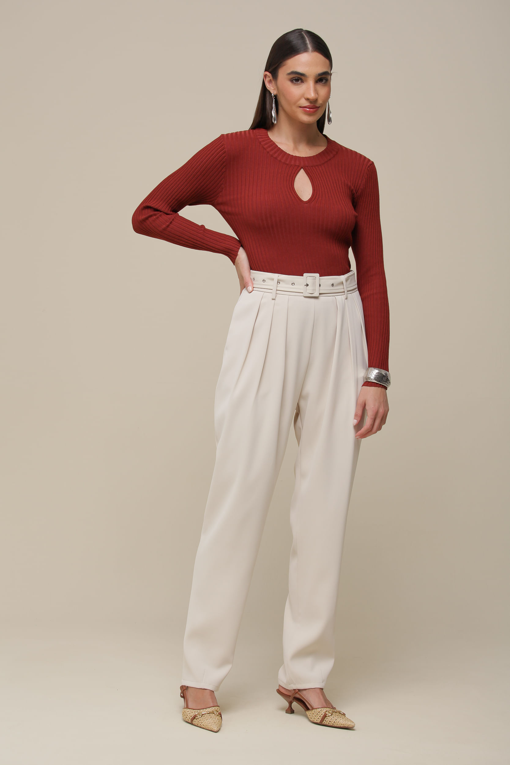 9036475 - Blusa Tricô Manga Longa Decote Gota FERRUGEM 9036475 - Blusa Tricô Manga Longa Decote Gota FERRUGEM