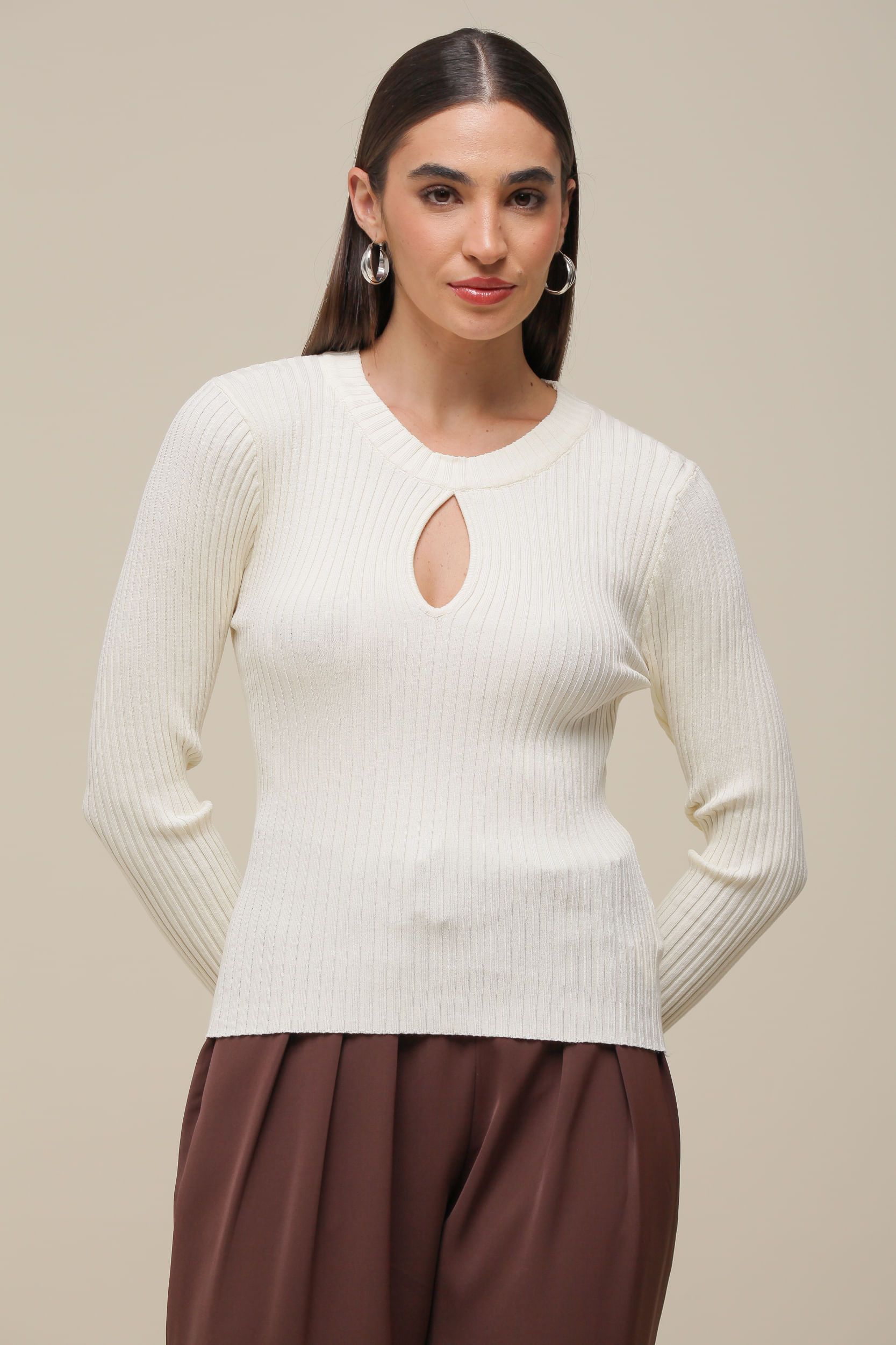 9036475 - Blusa Tricô Manga Longa Decote Gota AREIA 9036475 - Blusa Tricô Manga Longa Decote Gota AREIA