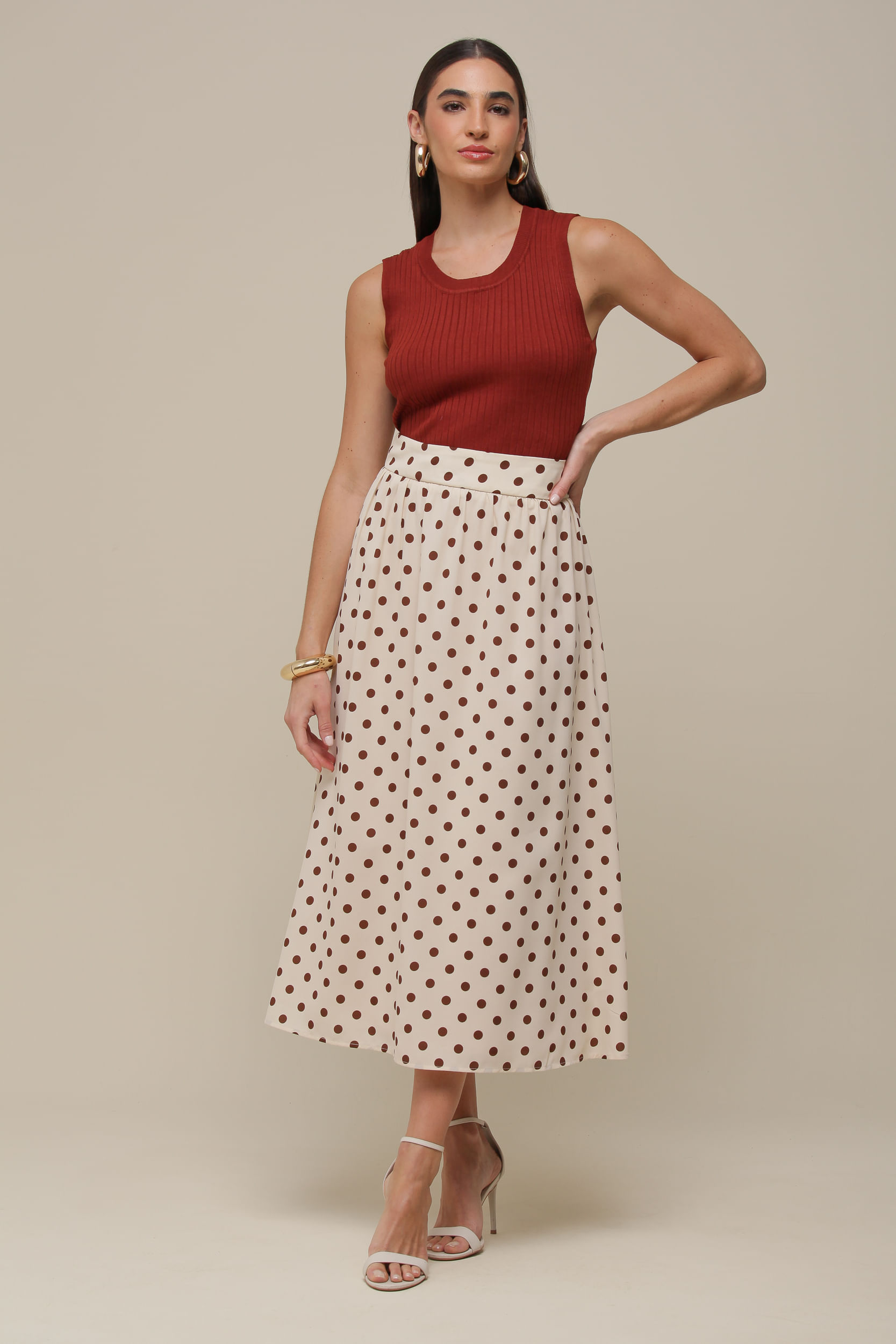 9036497 - Saia Midi Poá Viscose   BEGE