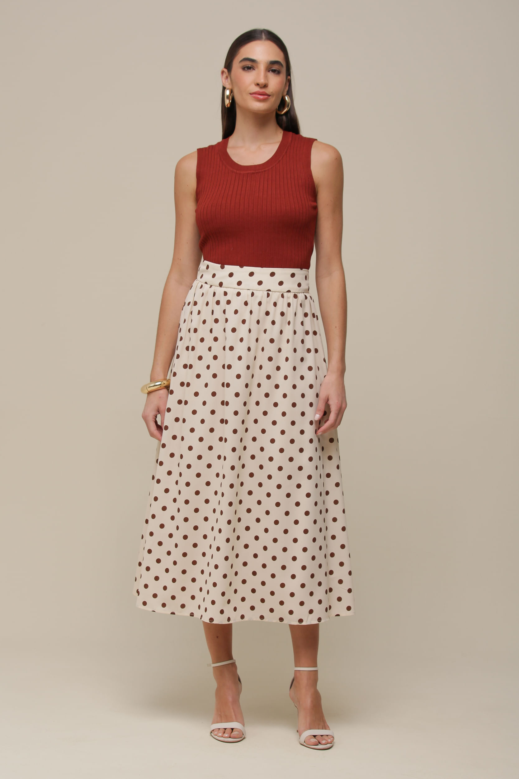 9036497 - Saia Midi Poá Viscose BEGE 9036497 - Saia Midi Poá Viscose BEGE