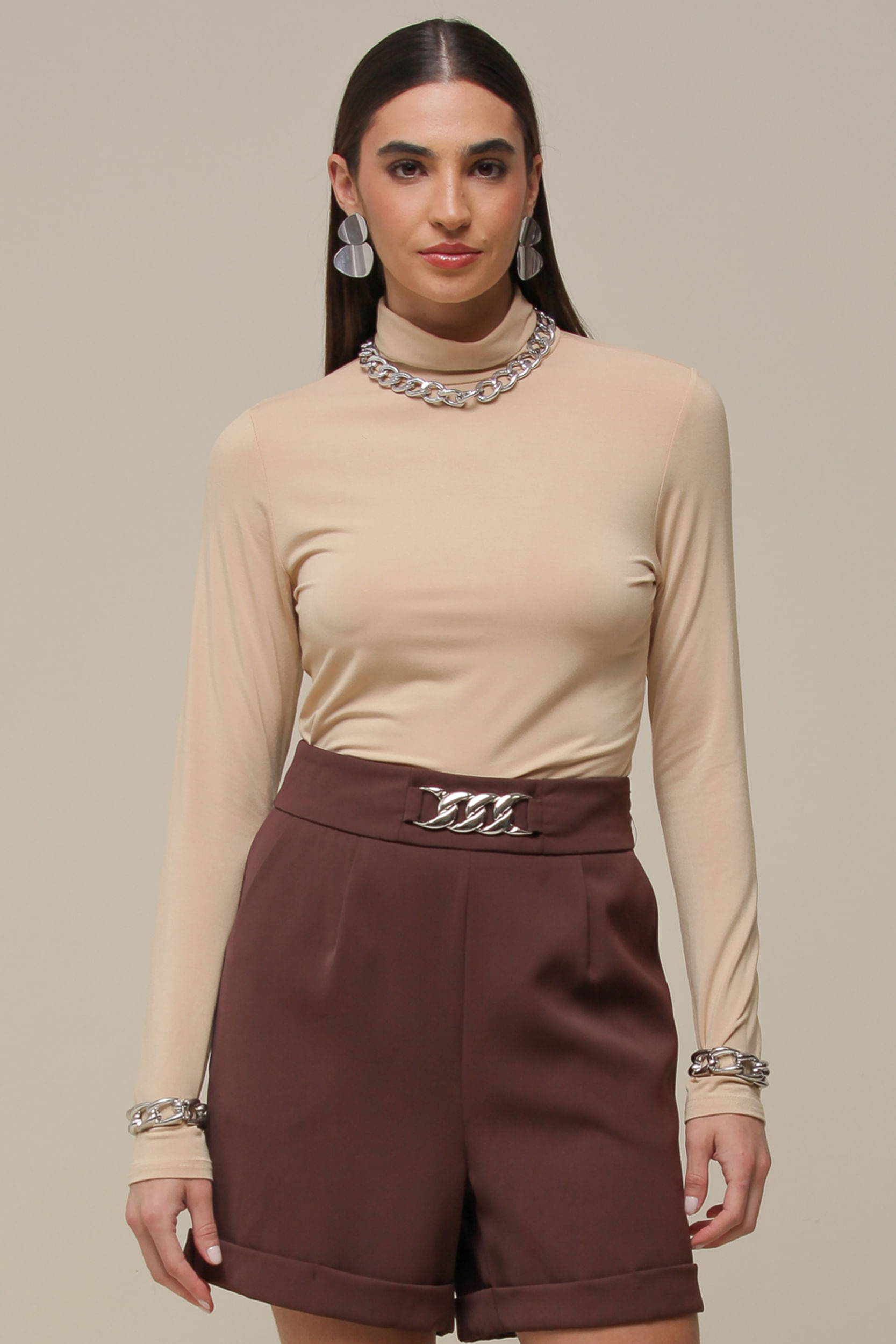 9036561 - Blusa Malha gola Alta  BEGE