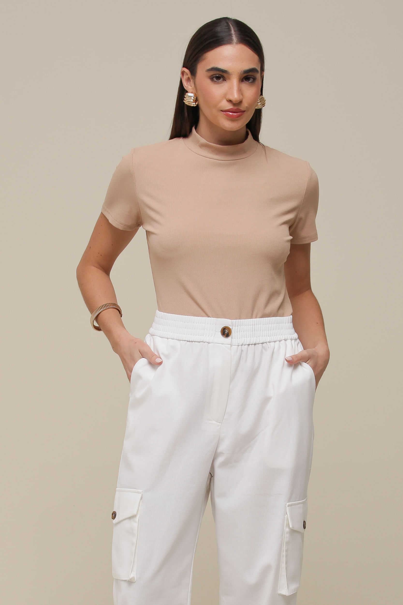 9036319 - Blusa MC Rib Basic  BEGE