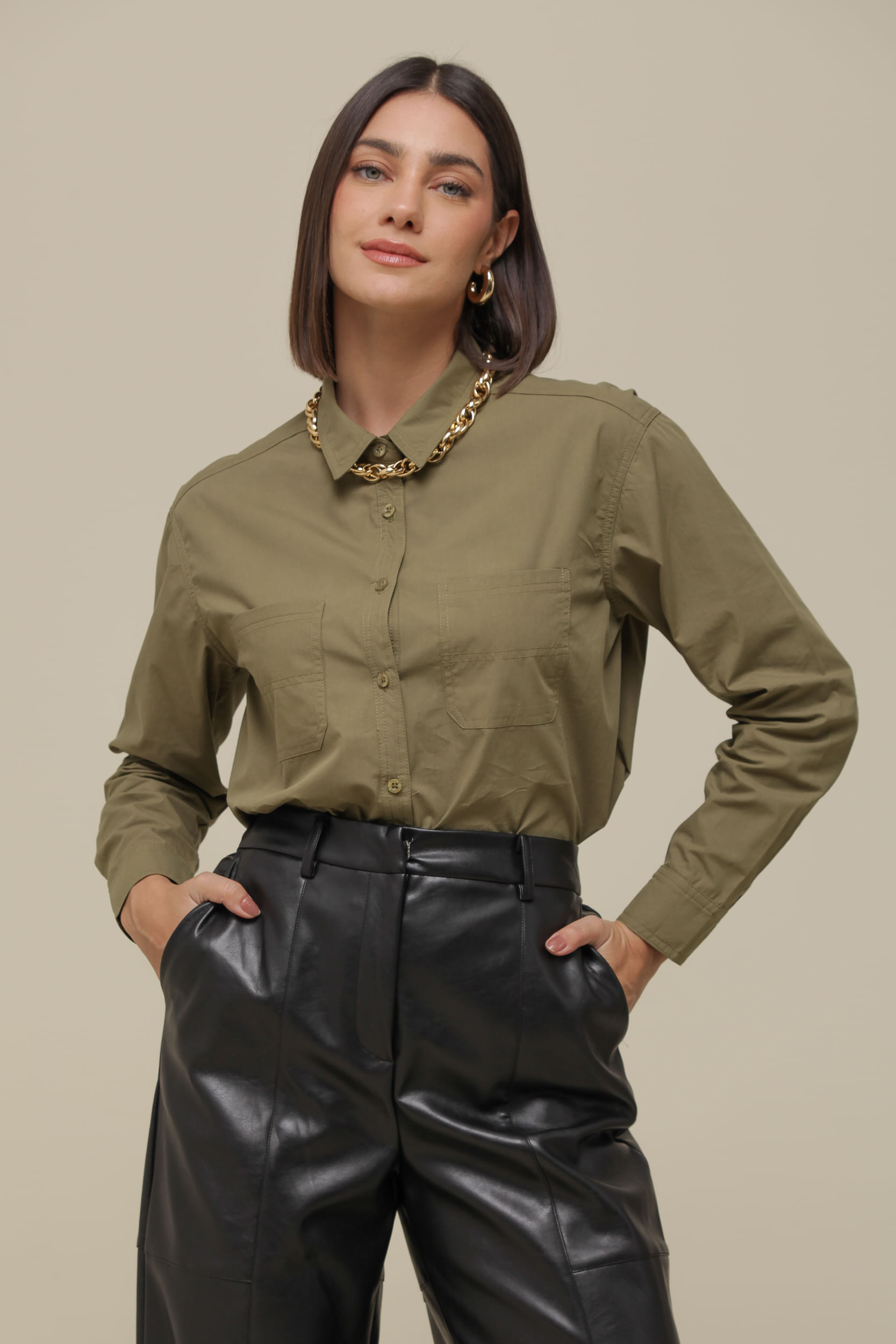 9036257 - Camisa Social Tricoline   VERDE OLIVA