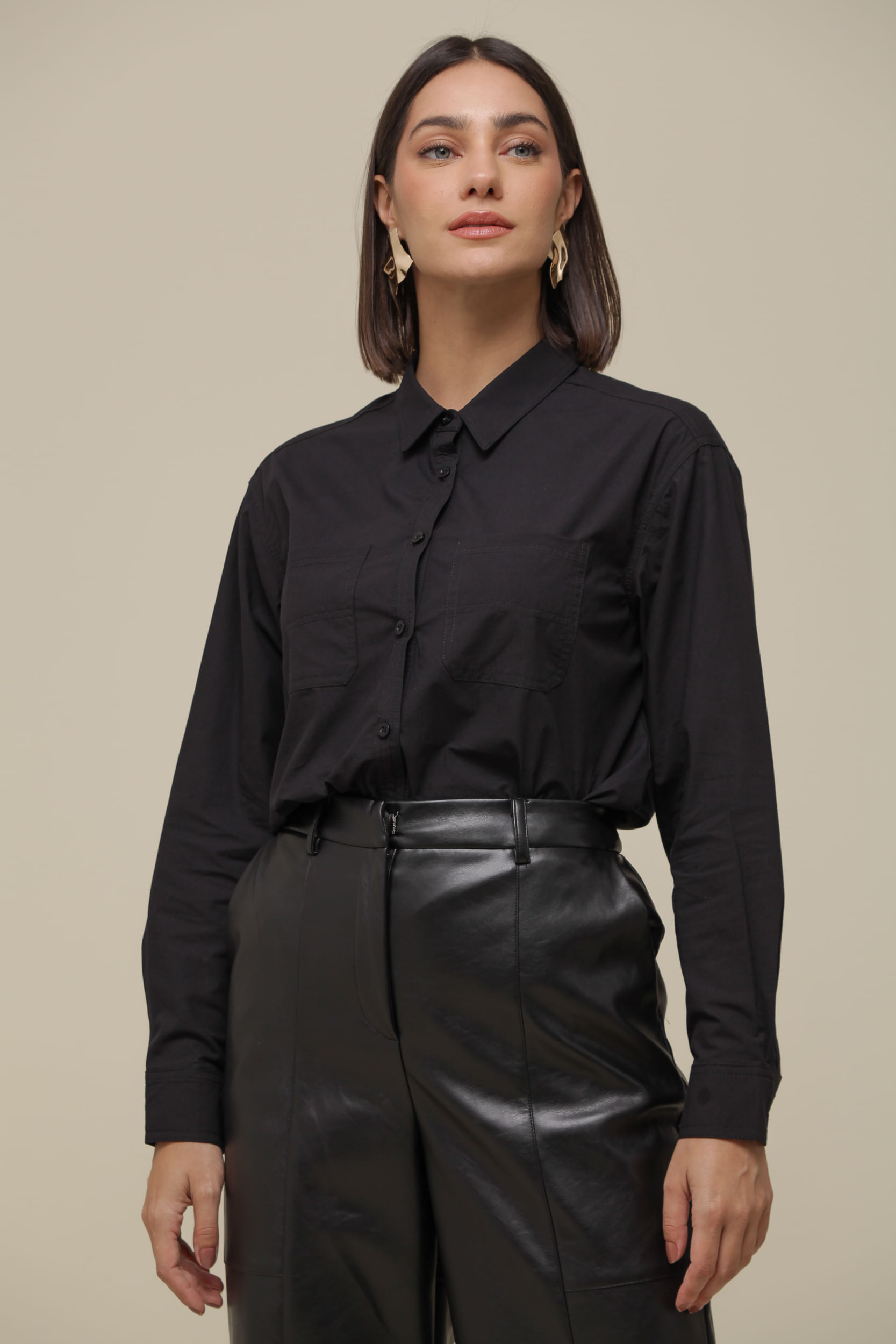 9036257 - Camisa Social Tricoline   PRETO