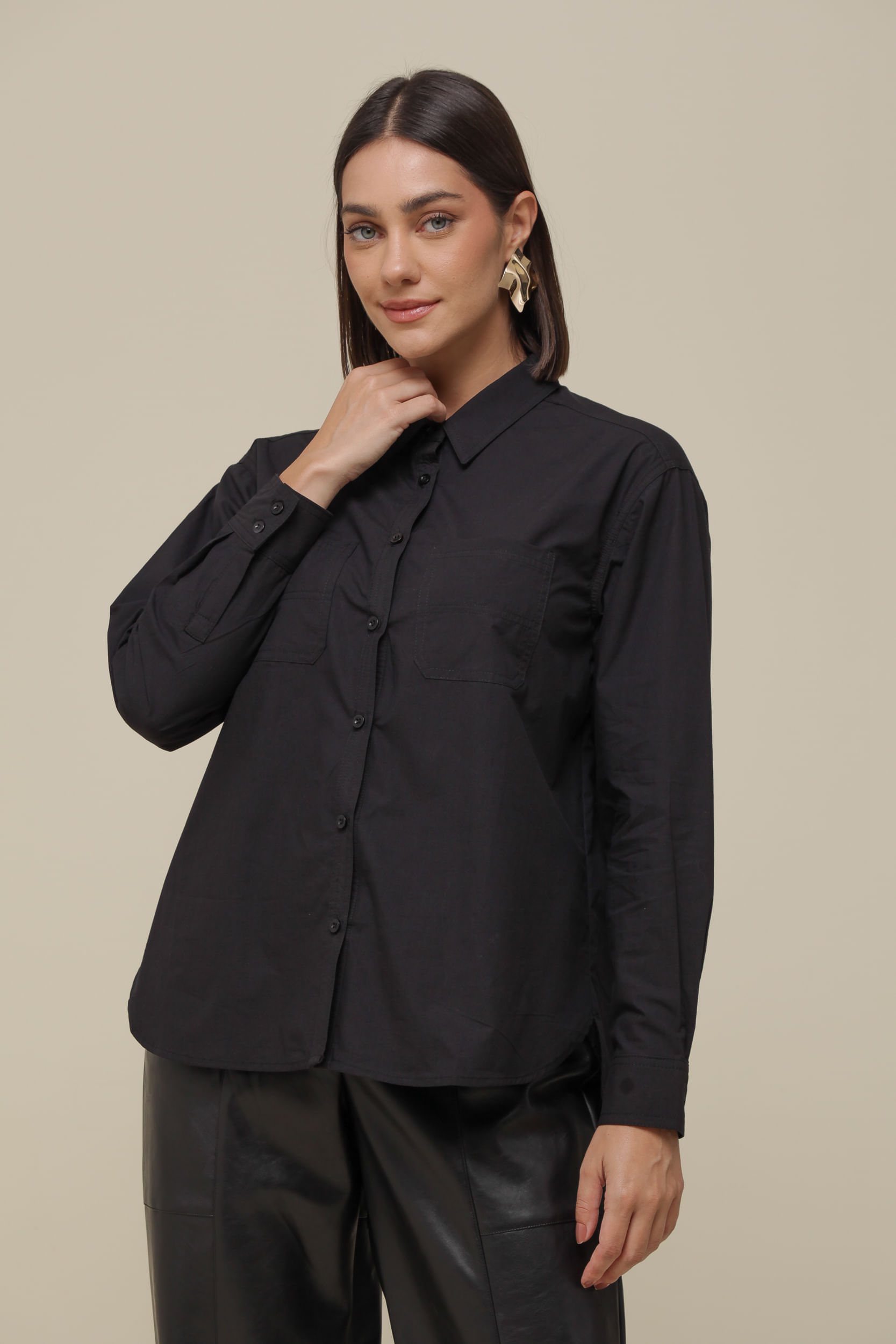 9036257 - Camisa Social Tricoline   PRETO