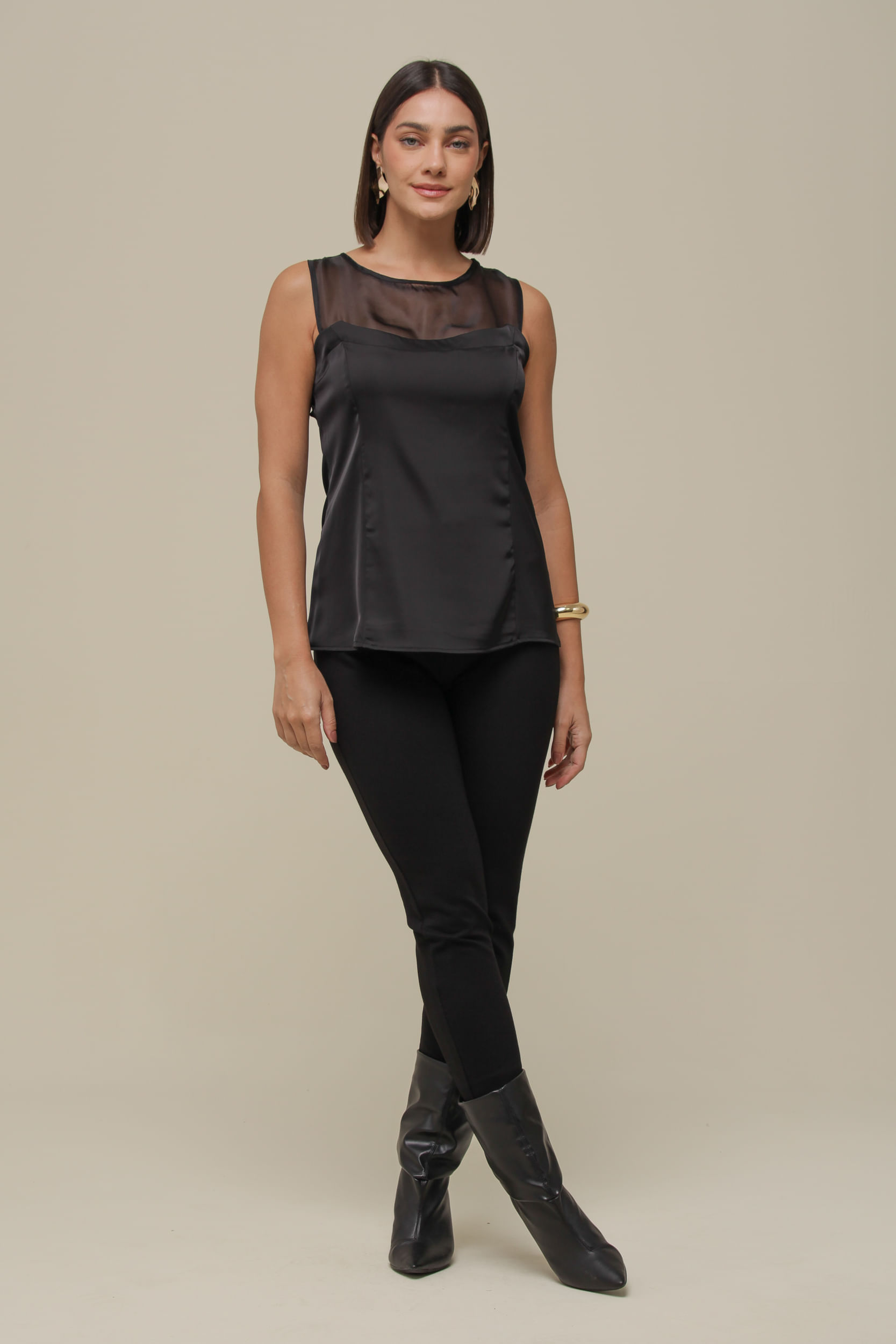 9036280 - Regata Cetim Com Detalhe Em Organza PRETO 9036280 - Regata Cetim Com Detalhe Em Organza PRETO