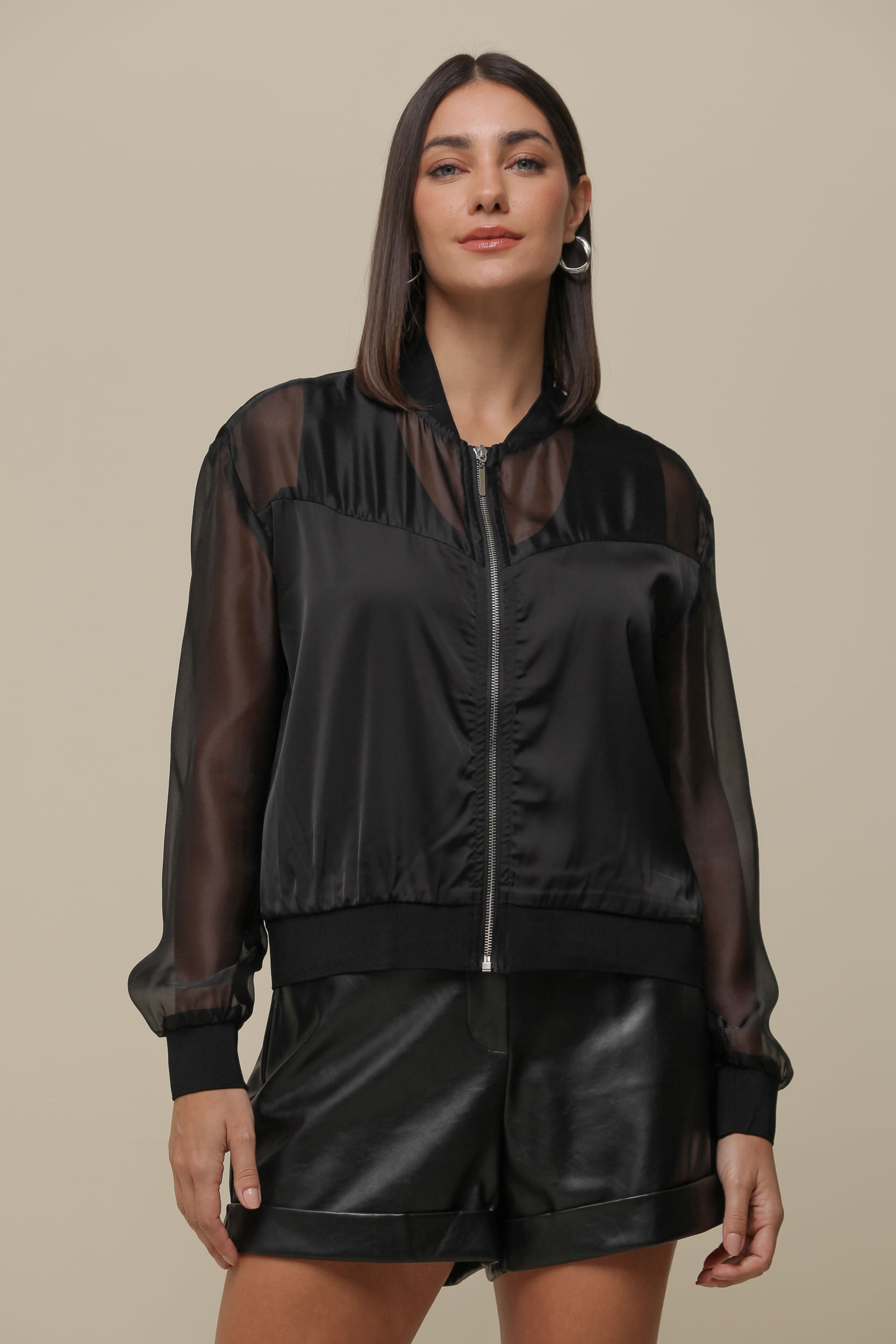 9036281 - Jaqueta Bomber Mix Cetim e Organza   PRETO