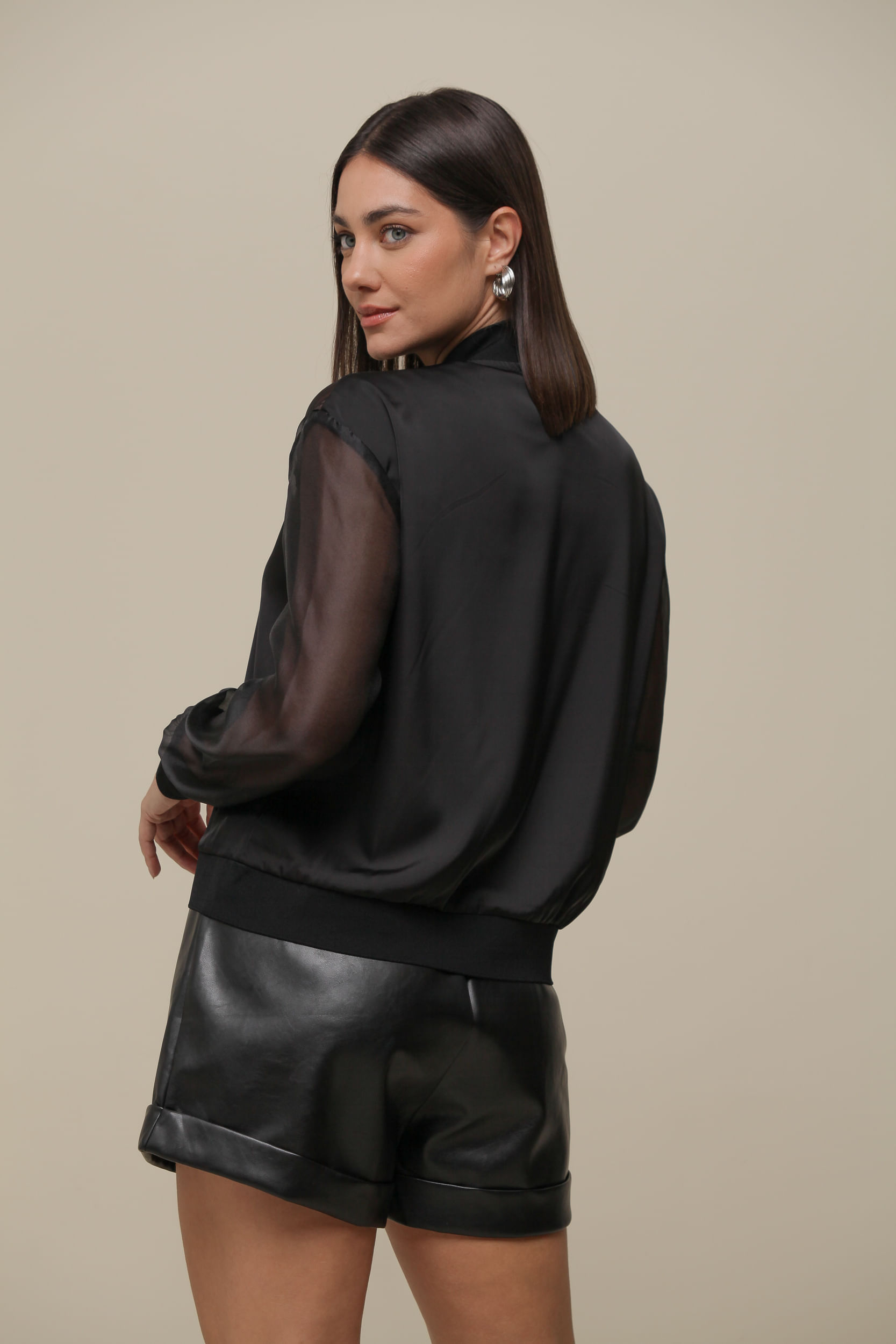 9036281 - Jaqueta Bomber Mix Cetim e Organza   PRETO
