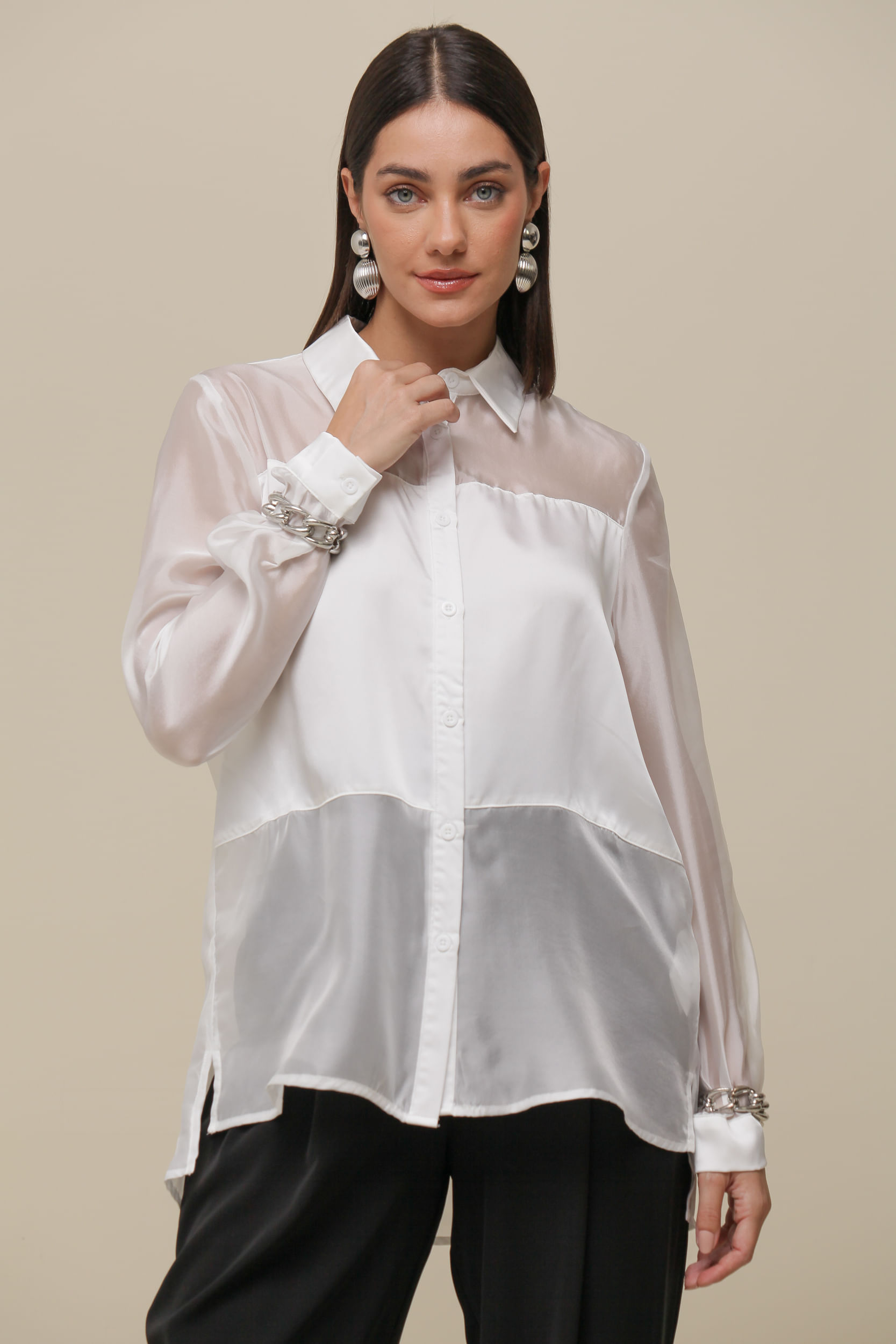 9036282 - Camisa Social Cetim Com Organza BRANCO 9036282 - Camisa Social Cetim Com Organza BRANCO