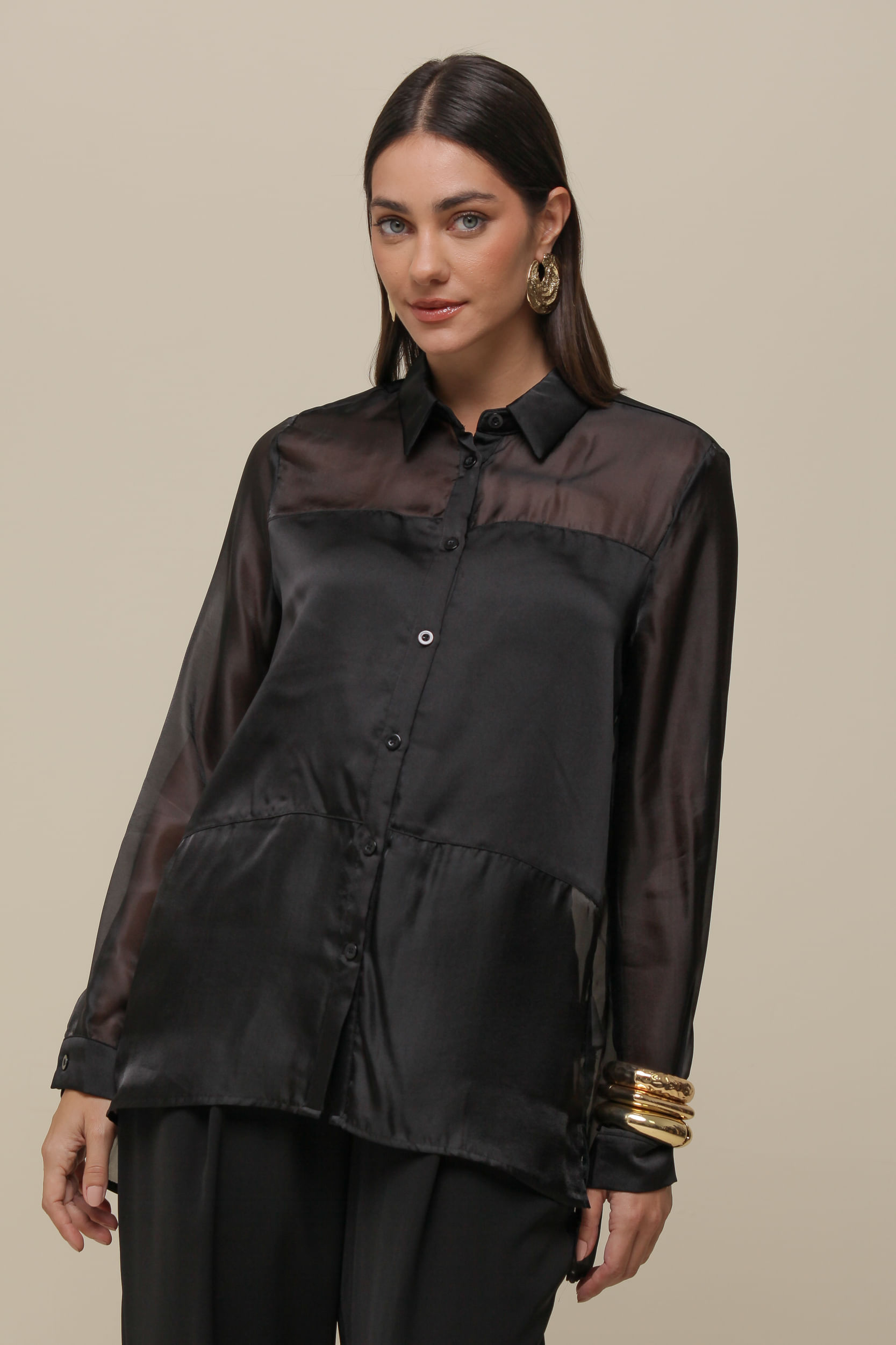 9036282 - Camisa Social Cetim Com Organza PRETO 9036282 - Camisa Social Cetim Com Organza PRETO