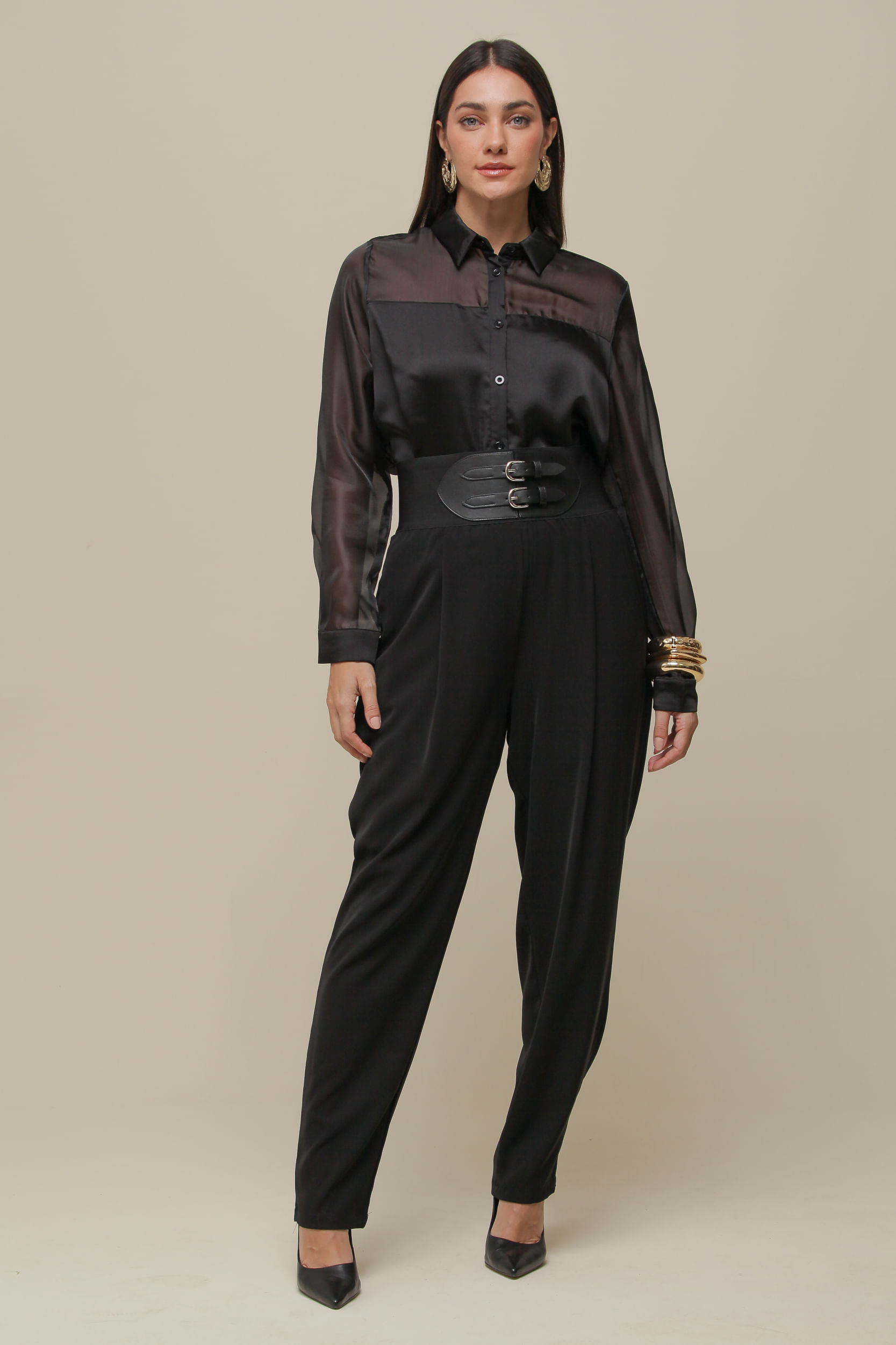 9036282 - Camisa Social Cetim Com Organza PRETO 9036282 - Camisa Social Cetim Com Organza PRETO