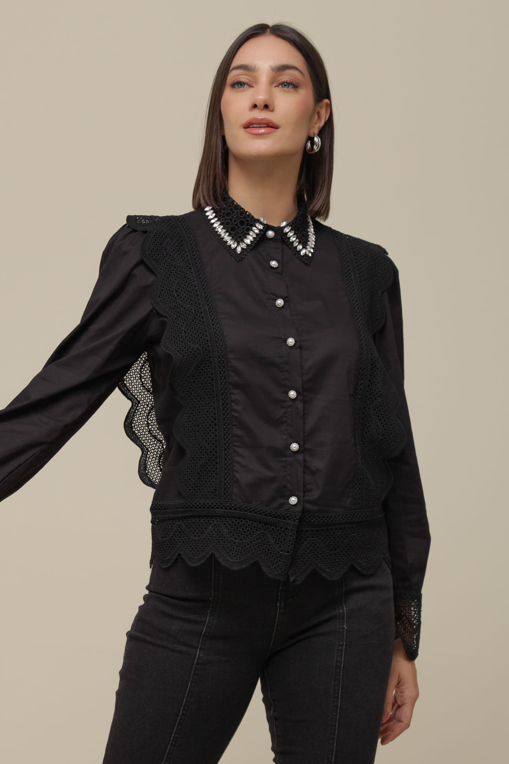 9036331 - Camisa Social Renda Babados PRETO 9036331 - Camisa Social Renda Babados PRETO