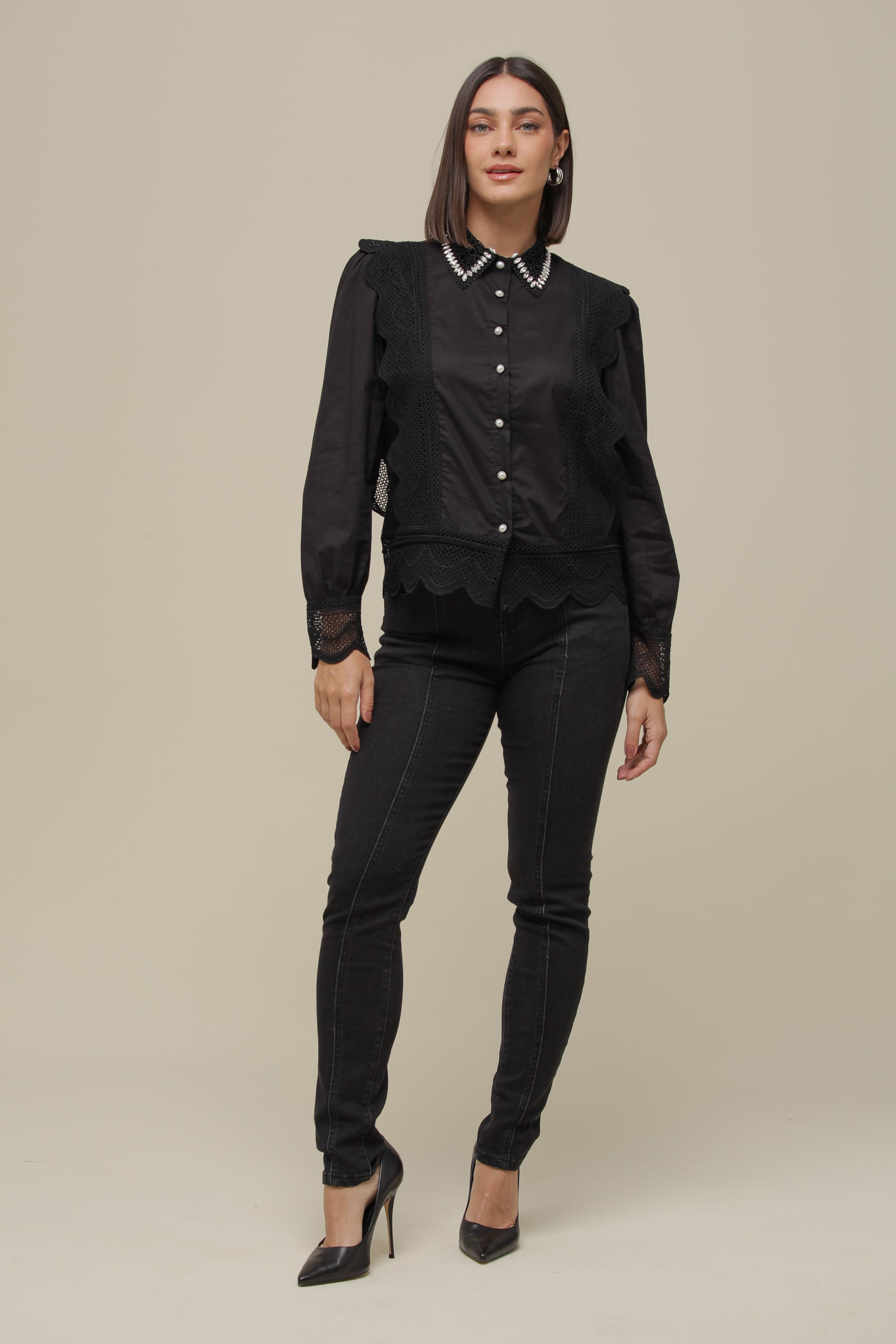 9036331 - Camisa Social Renda Babados PRETO 9036331 - Camisa Social Renda Babados PRETO