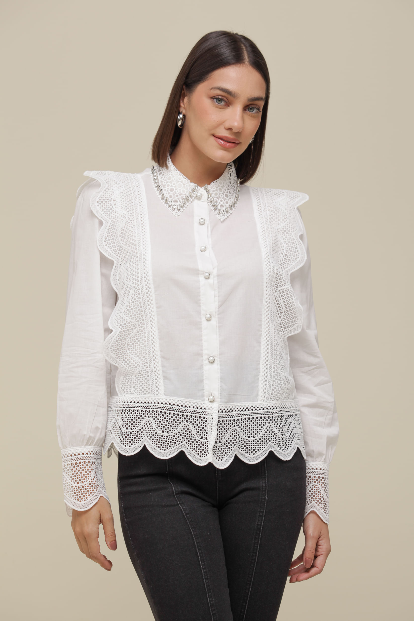 9036331 - Camisa Social Renda Babados   OFF-WHITE