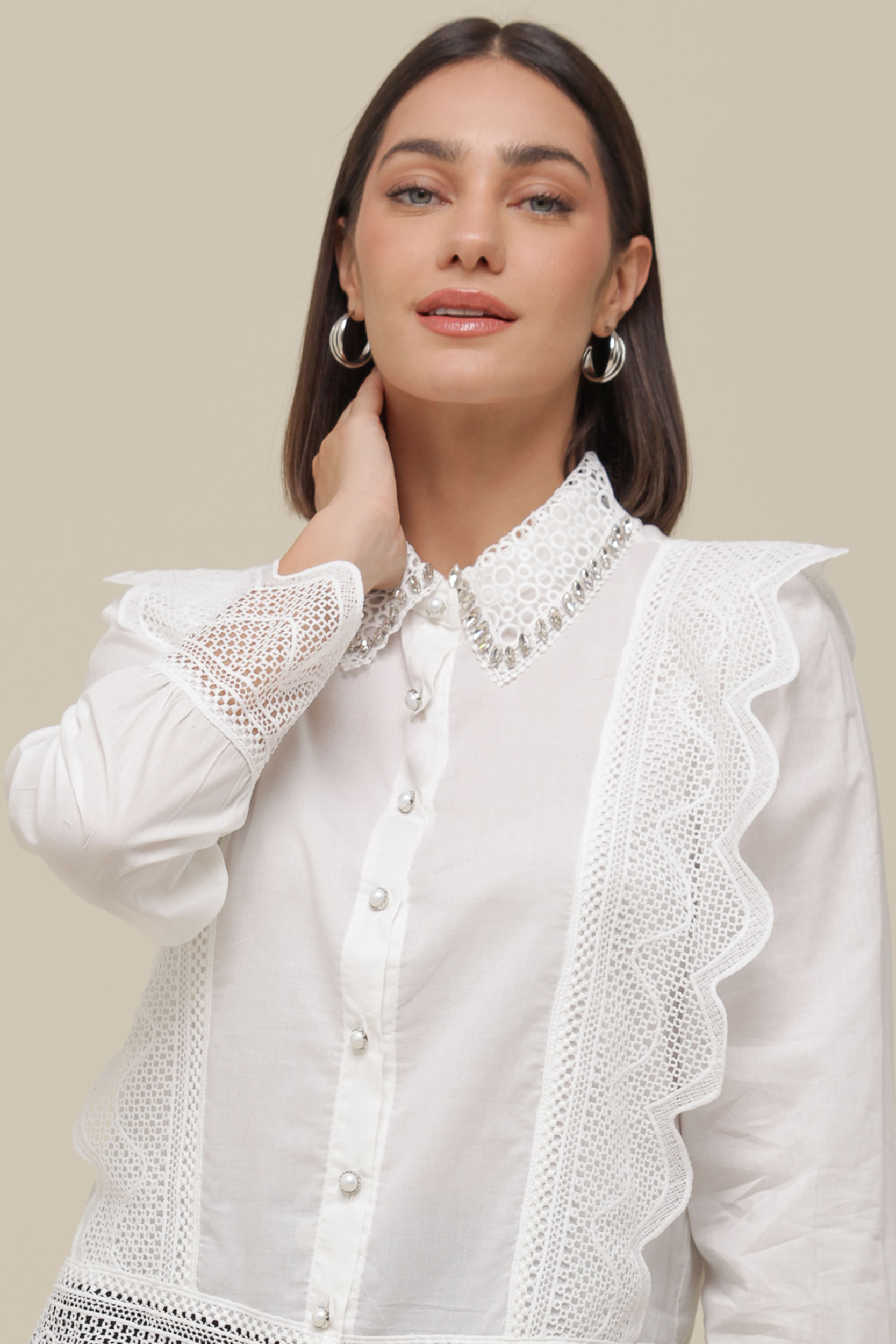 9036331 - Camisa Social Renda Babados   OFF-WHITE