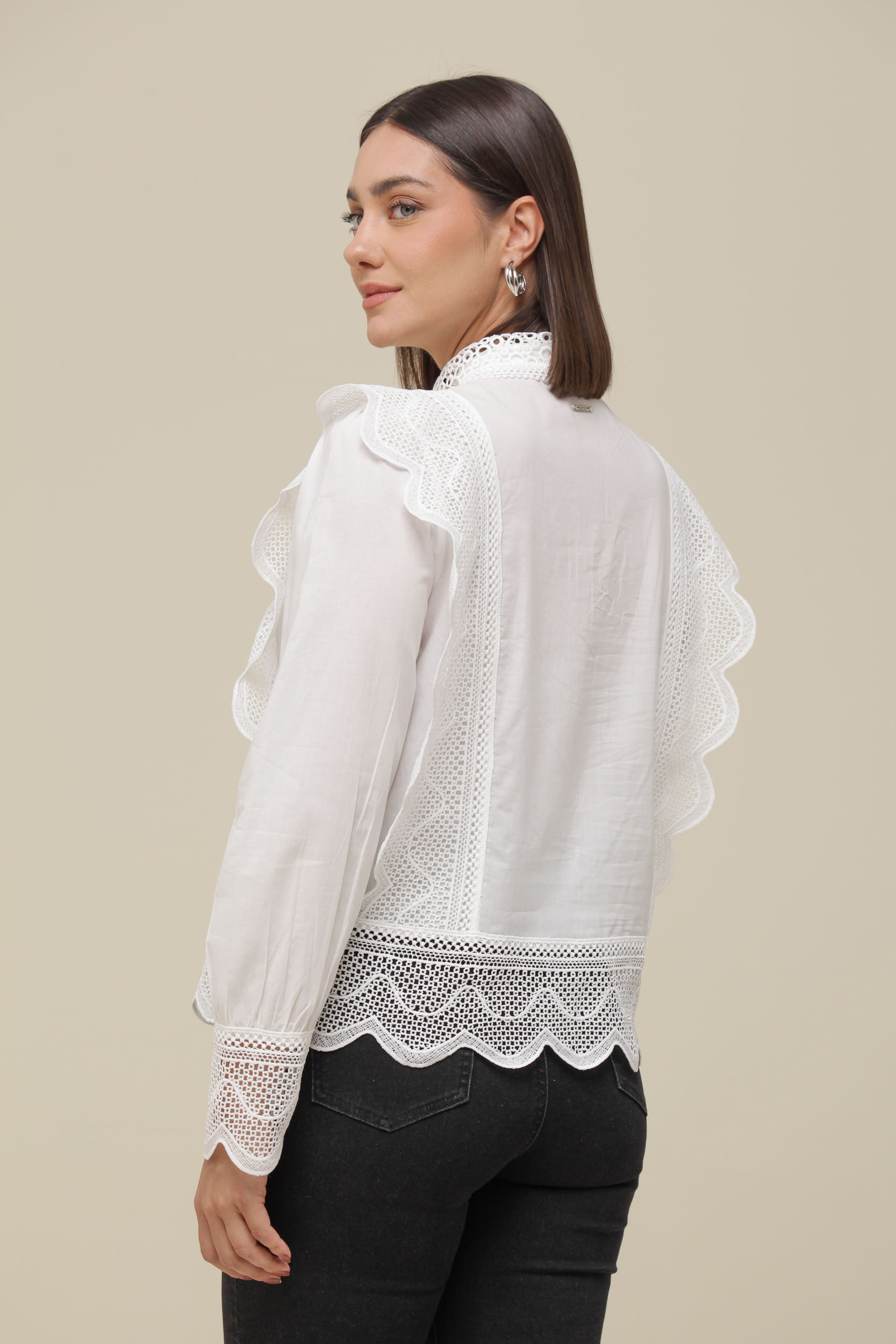9036331 - Camisa Social Renda Babados   OFF-WHITE