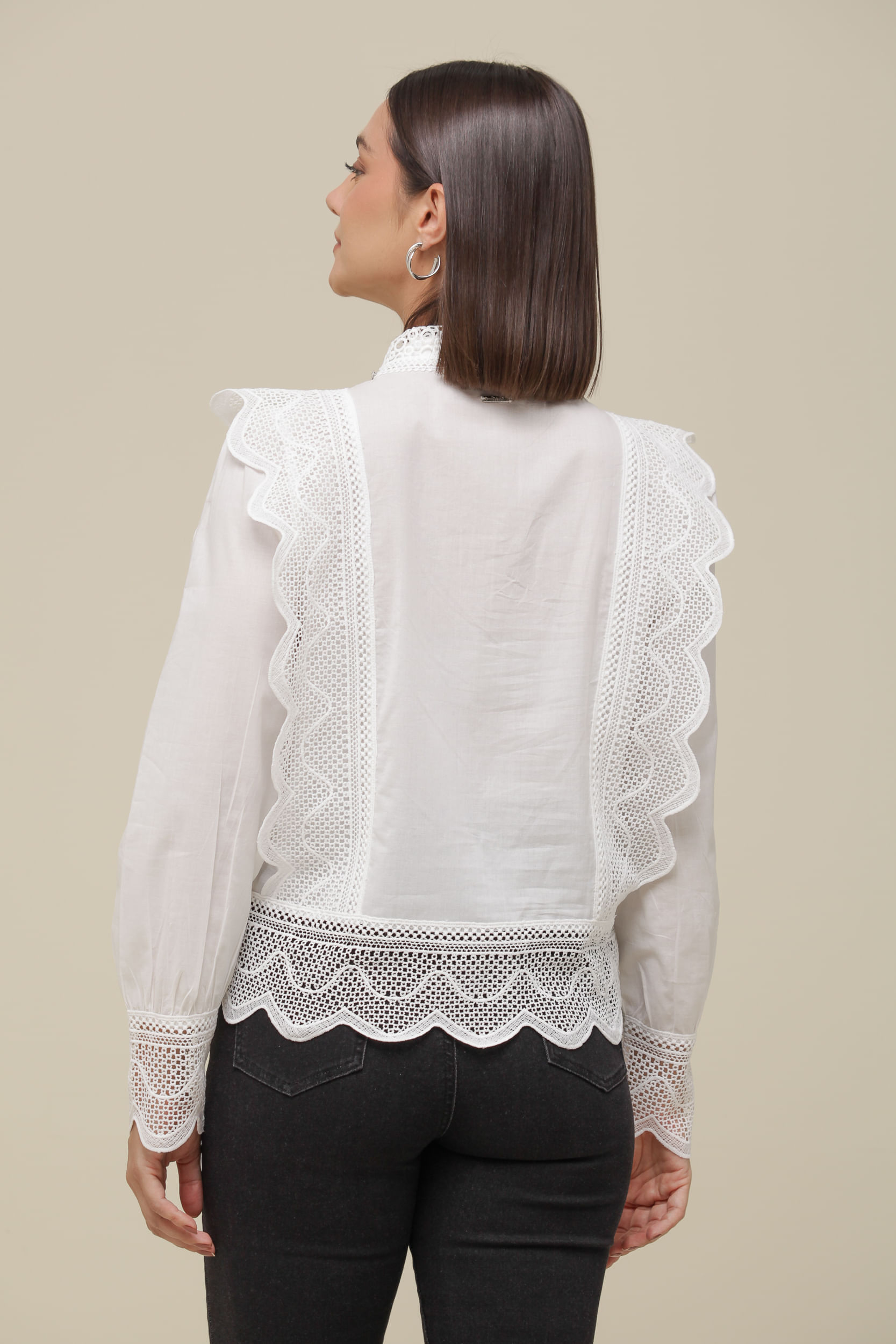 9036331 - Camisa Social Renda Babados   OFF-WHITE