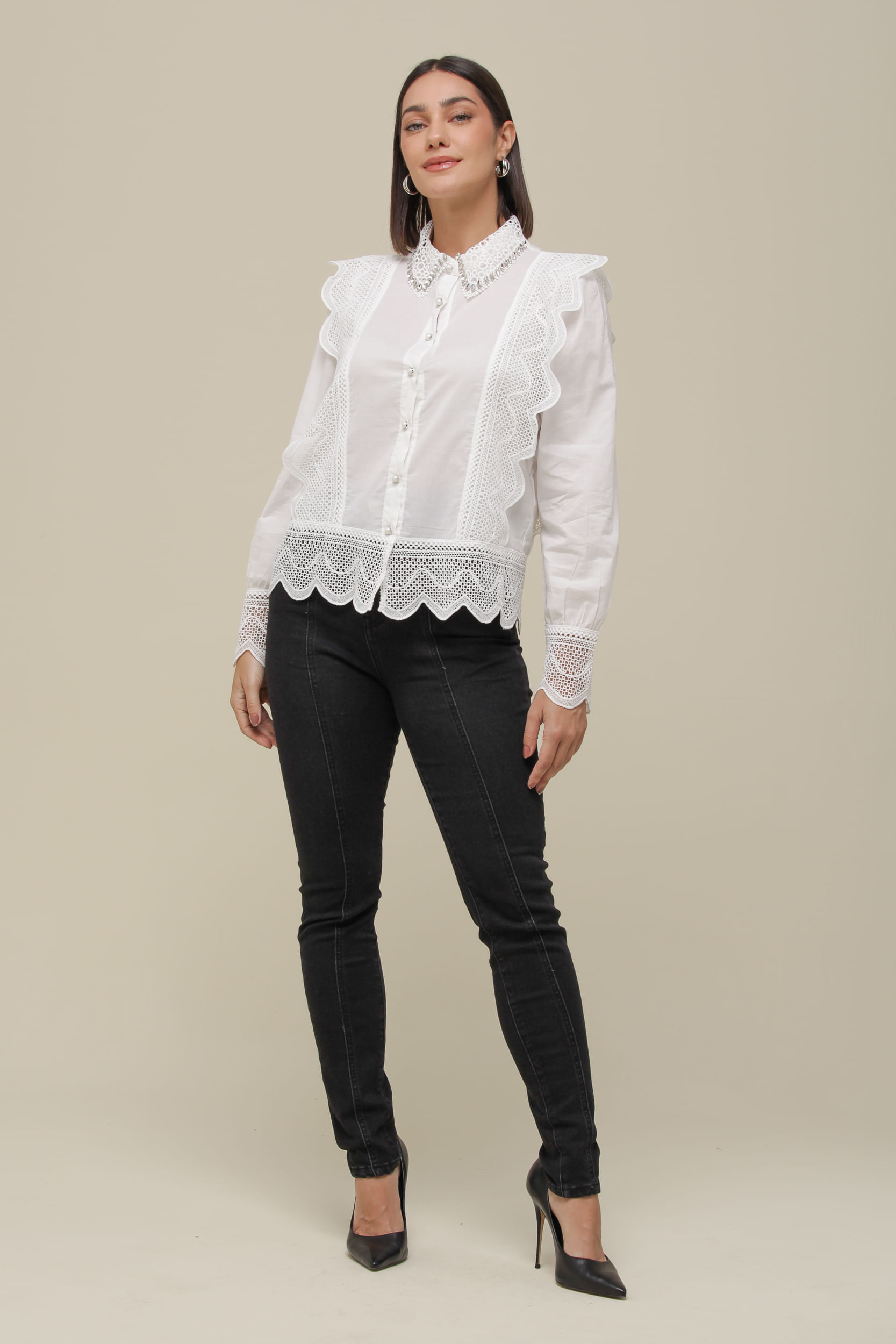 9036331 - Camisa Social Renda Babados   OFF-WHITE