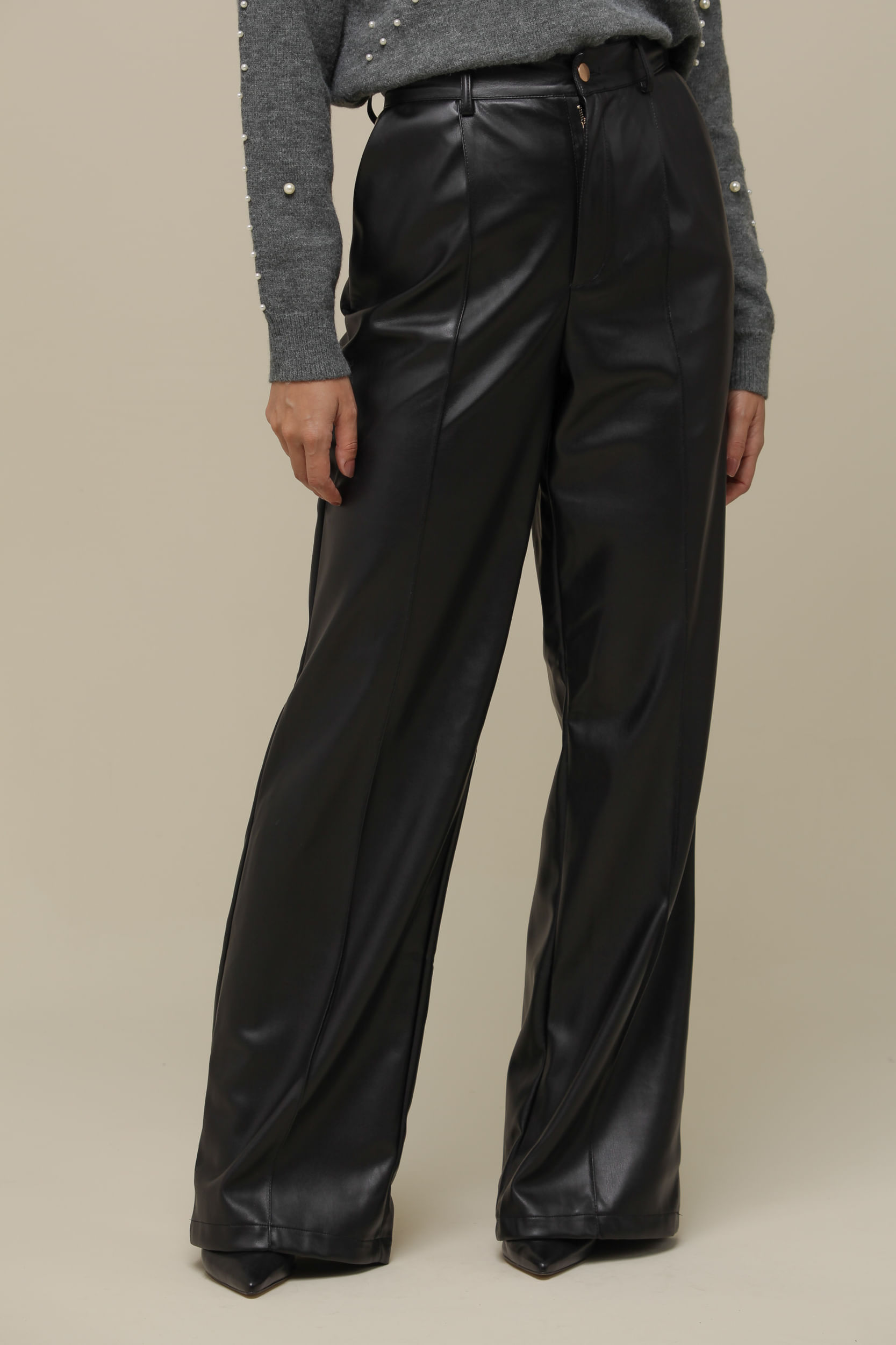 9036466 - Calça Reta PU Pregas PRETO 9036466 - Calça Reta PU Pregas PRETO