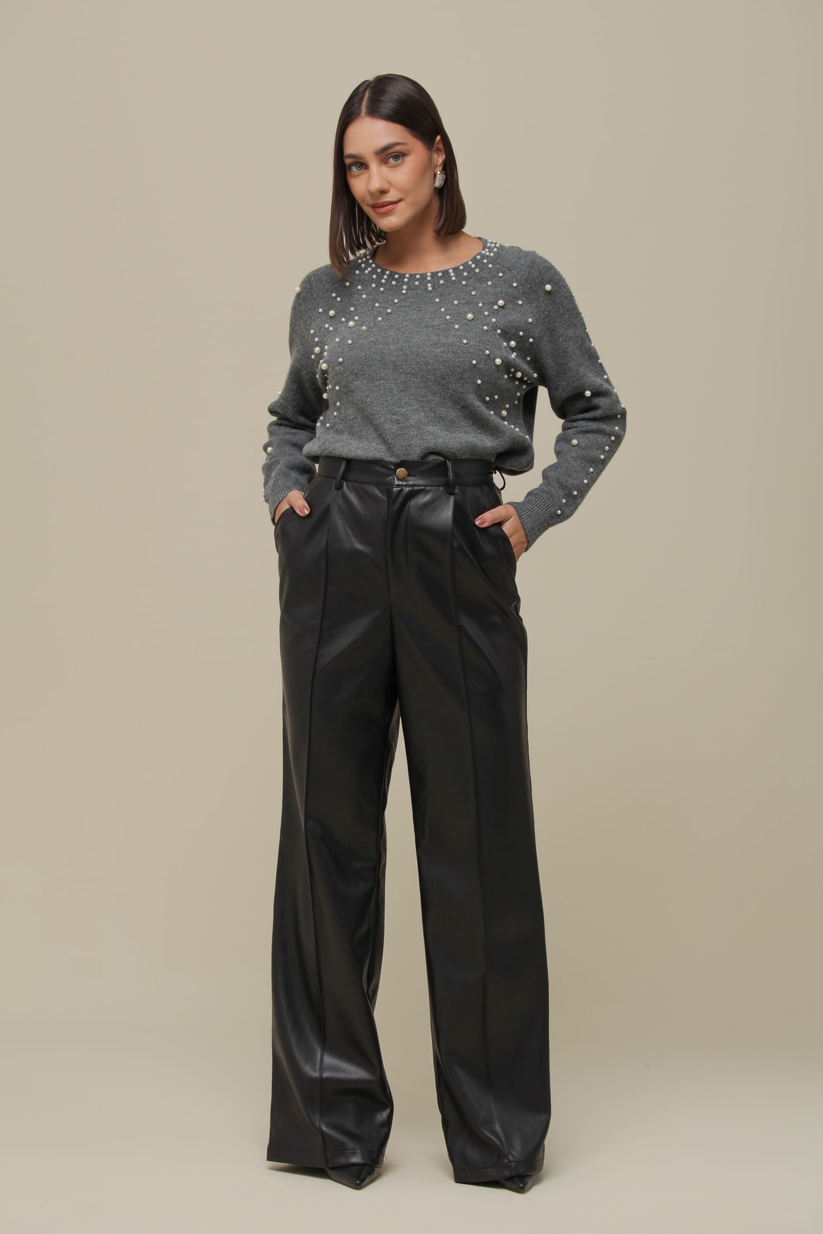 9036466 - Calça Reta PU Pregas PRETO 9036466 - Calça Reta PU Pregas PRETO