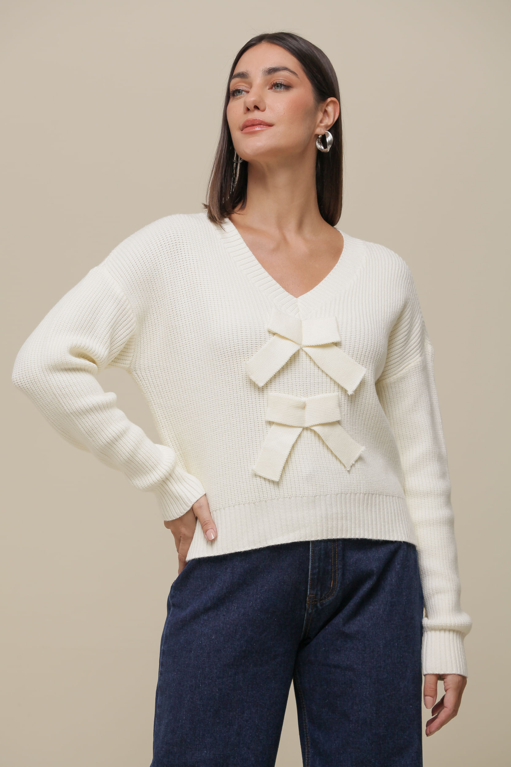 9036478 - Blusa Tricô Manga Longo Laços AREIA 9036478 - Blusa Tricô Manga Longo Laços AREIA