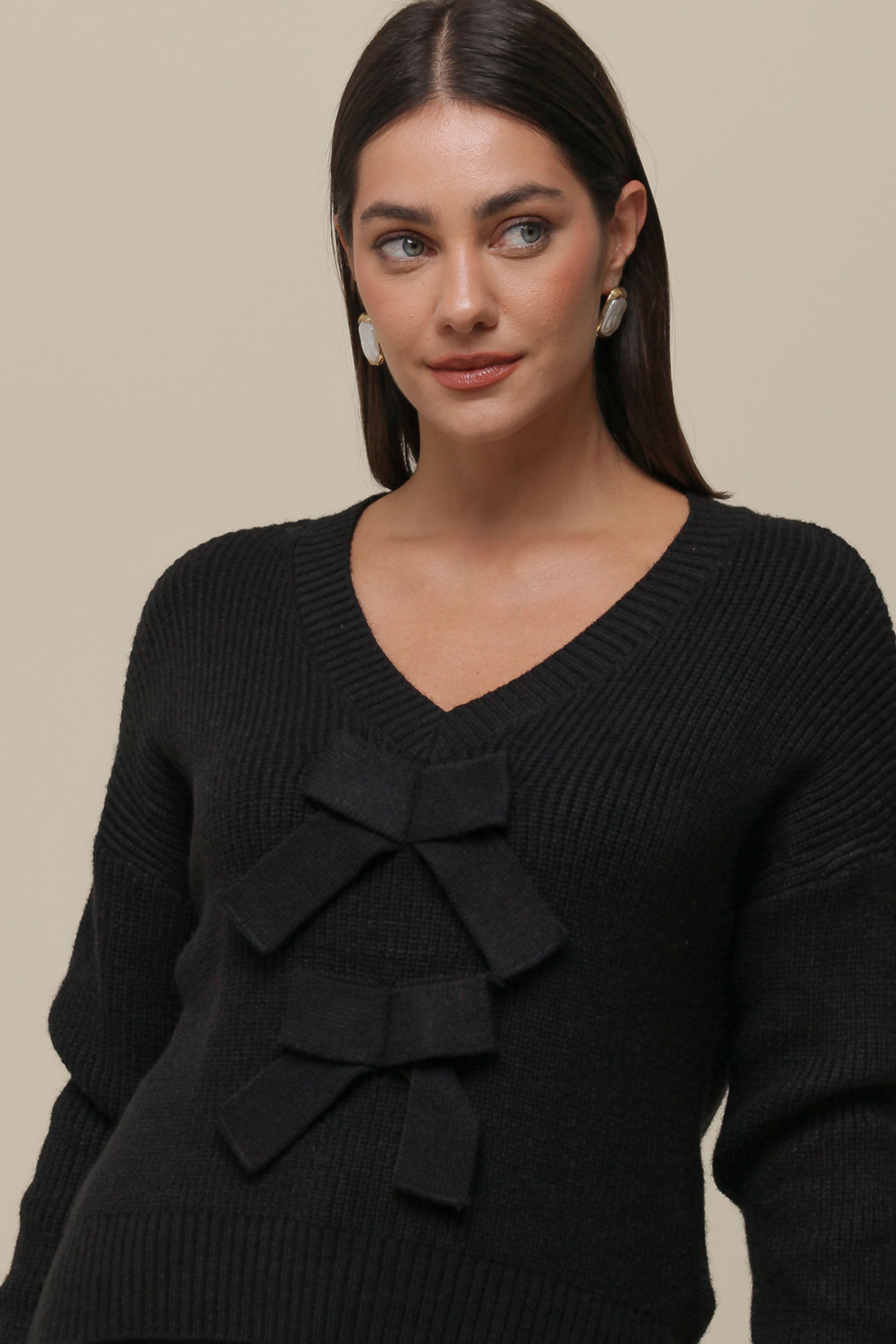 9036478 - Blusa Tricô Manga Longo Laços PRETO 9036478 - Blusa Tricô Manga Longo Laços PRETO