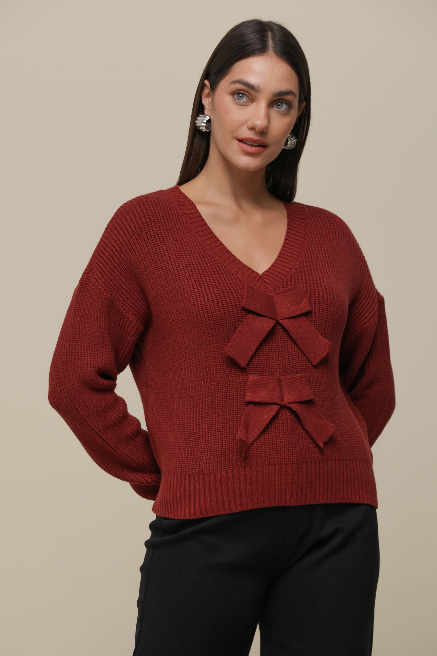 9036478 - Blusa Tricô Manga Longo Laços   FERRUGEM