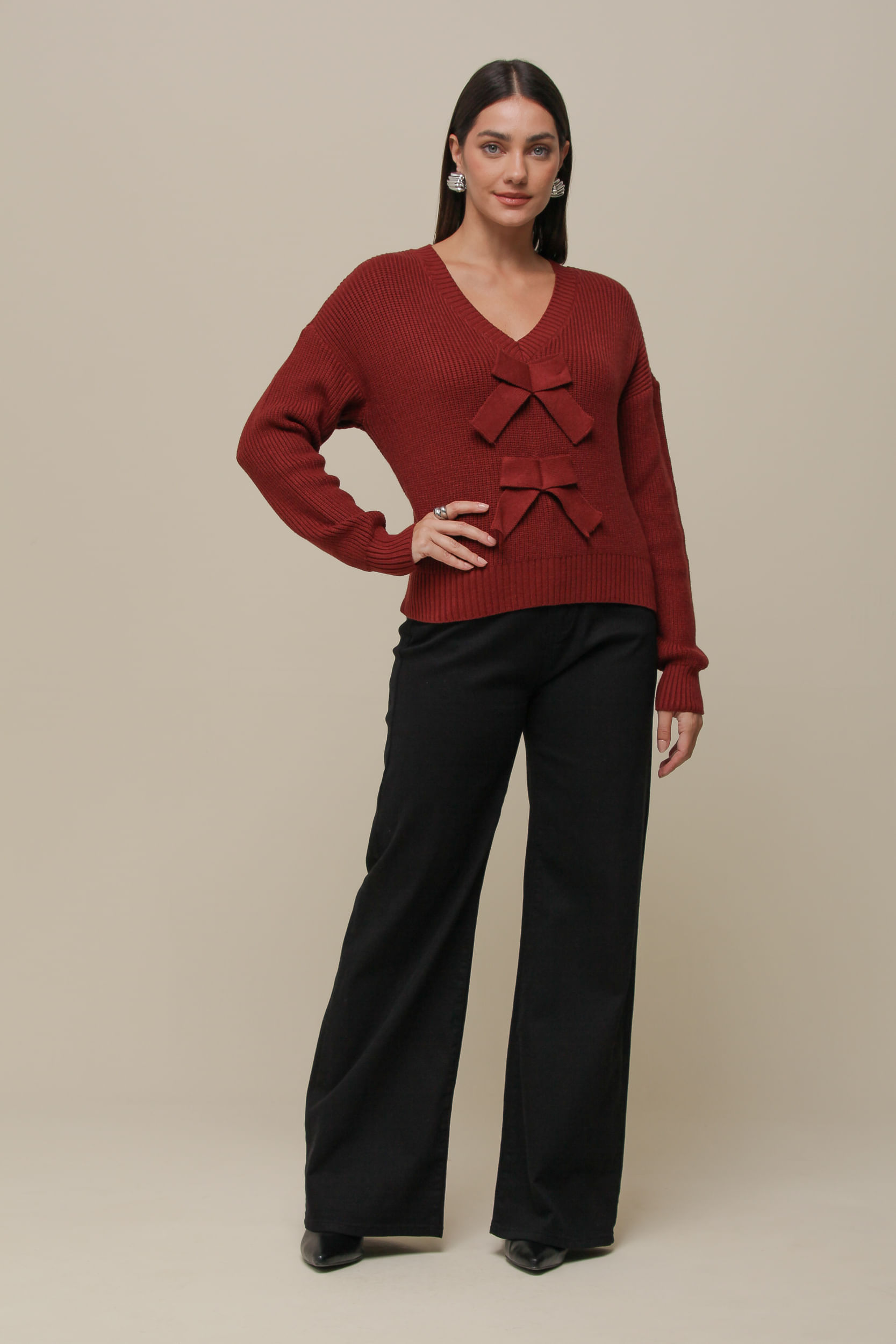 9036478 - Blusa Tricô Manga Longo Laços FERRUGEM 9036478 - Blusa Tricô Manga Longo Laços FERRUGEM