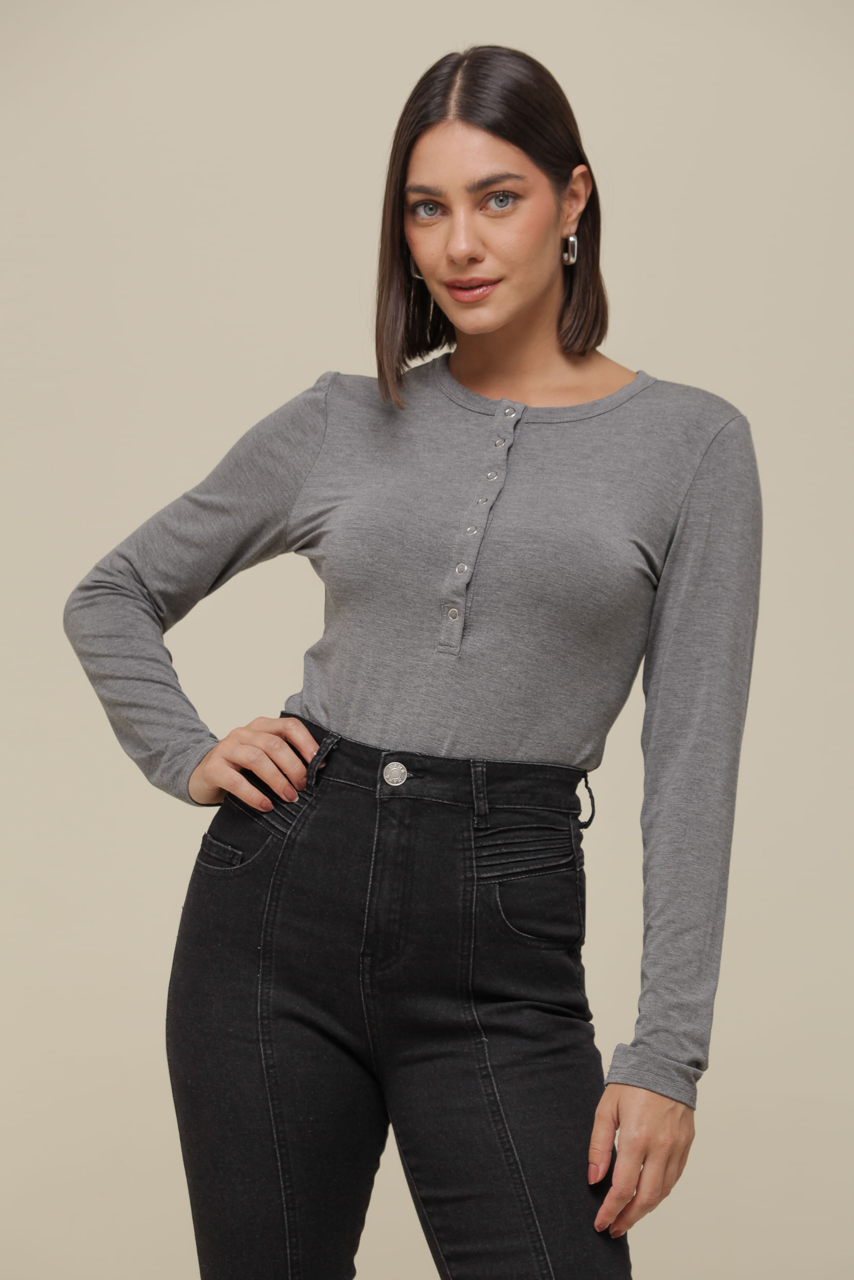 9036519 - Blusa Malha Manga Longa Botões Vista   MESCLA