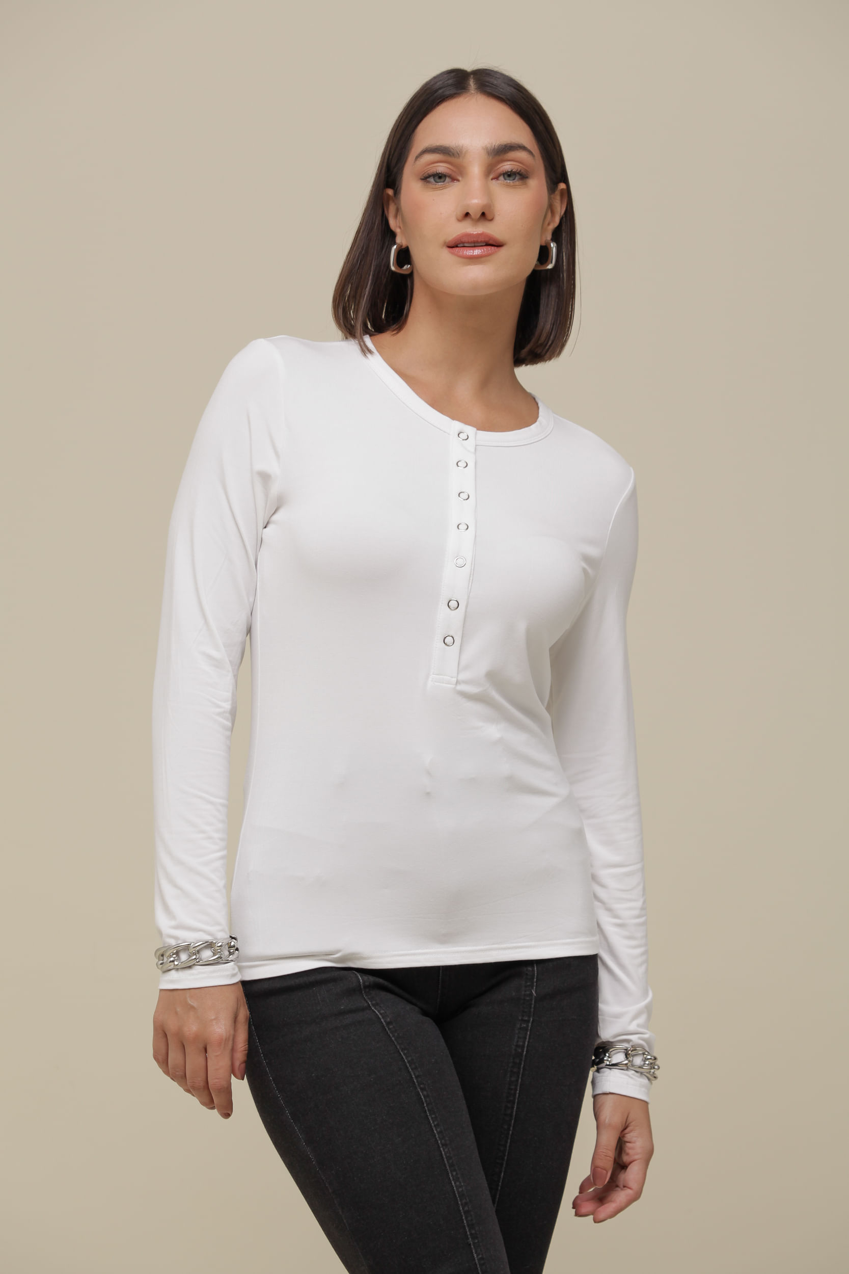 9036519 - Blusa Malha Manga Longa Botões Vista BRANCO 9036519 - Blusa Malha Manga Longa Botões Vista BRANCO