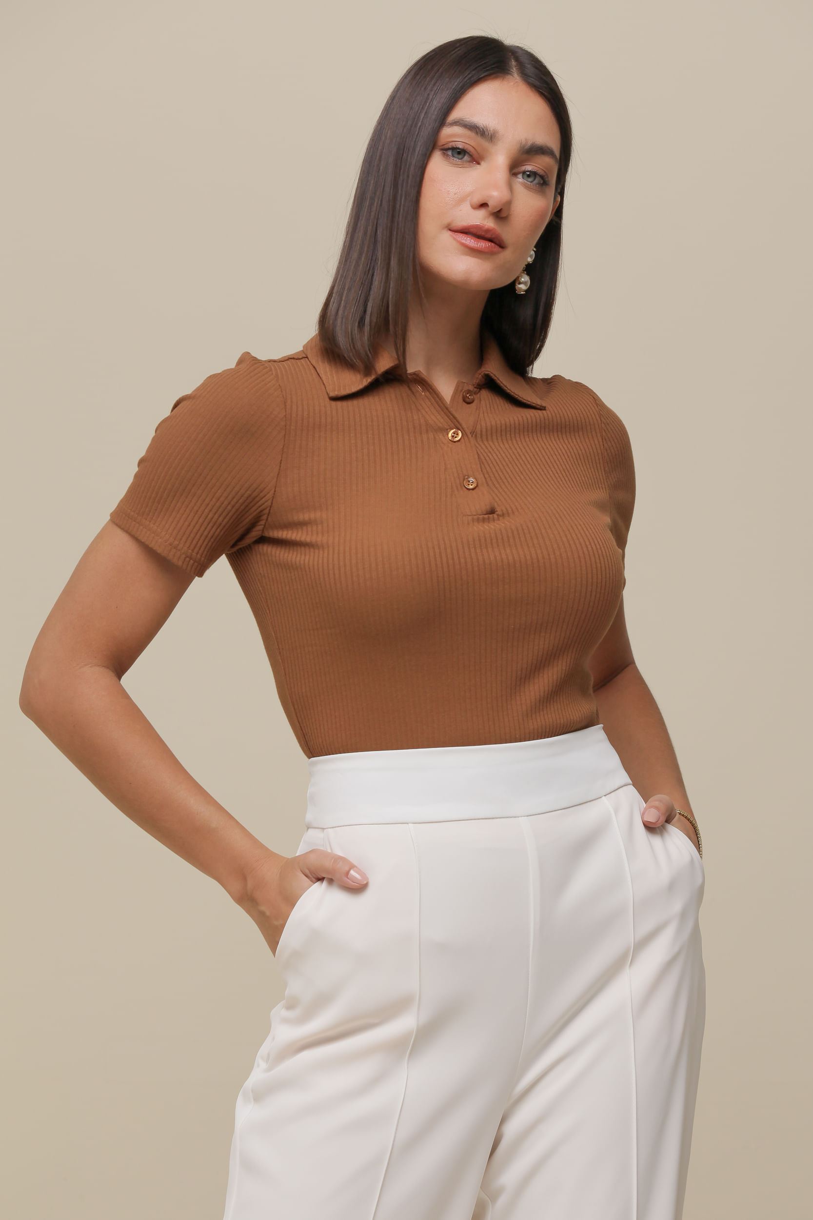 9036520 - Blusa Polo Canelada  CAMEL