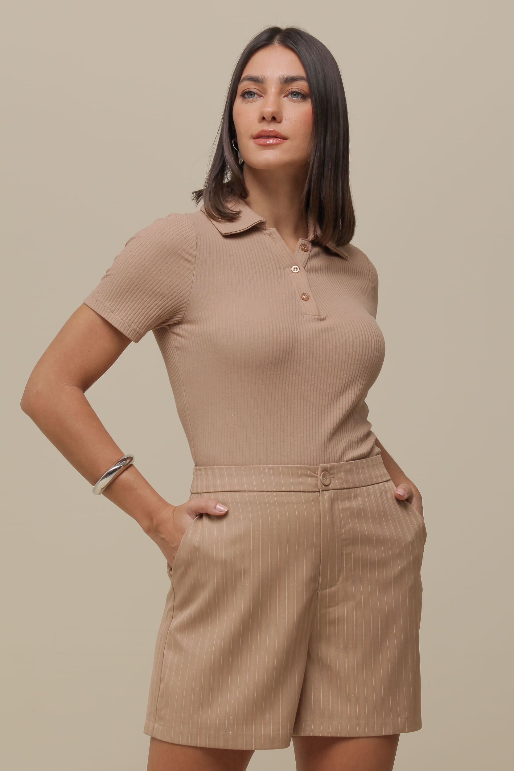 9036520 - Blusa Polo Canelada  BEGE